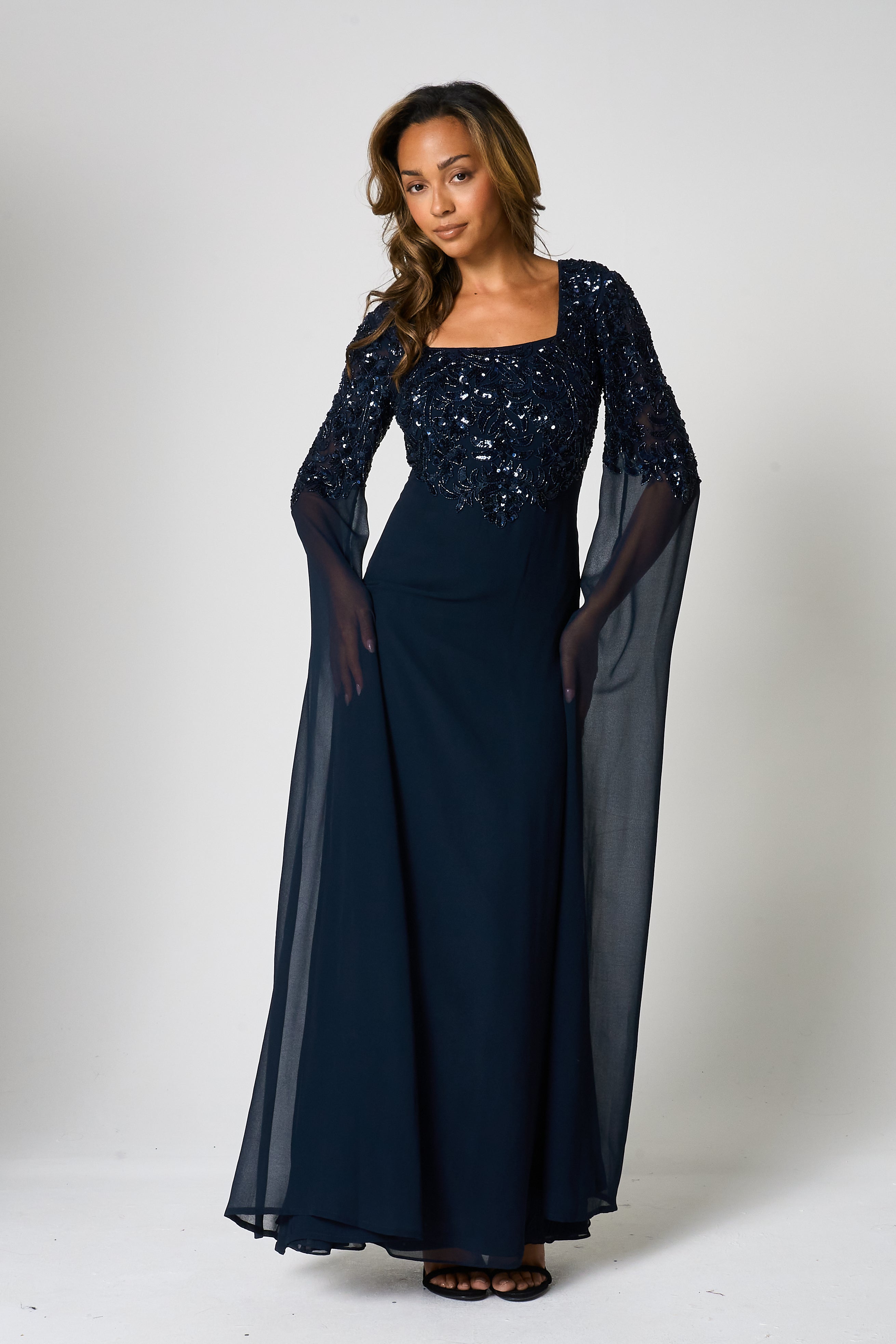 Cherith Navy Embellished Cape Sleeve Maxi Dress 
