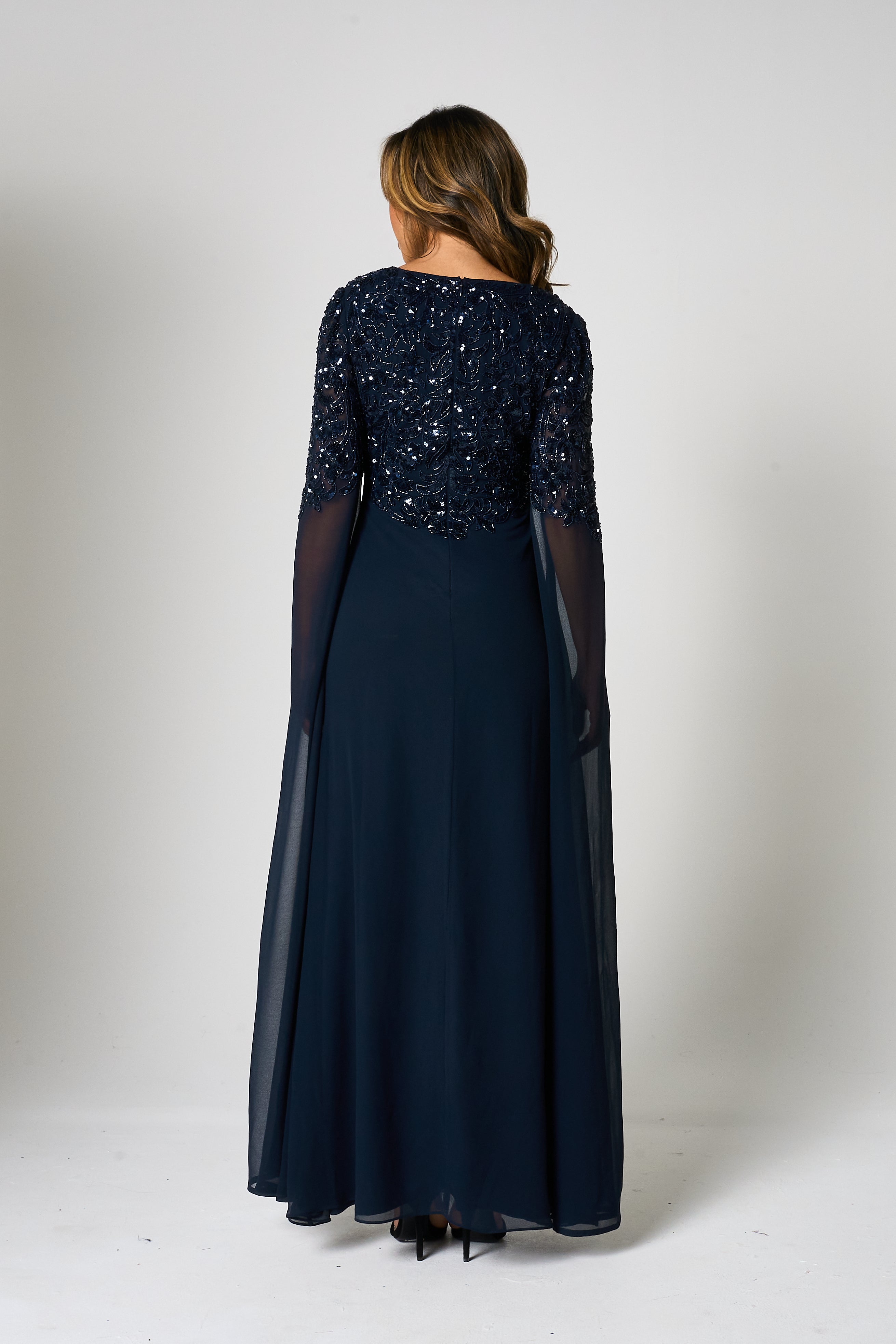 Cherith Navy Embellished Cape Sleeve Maxi Dress 