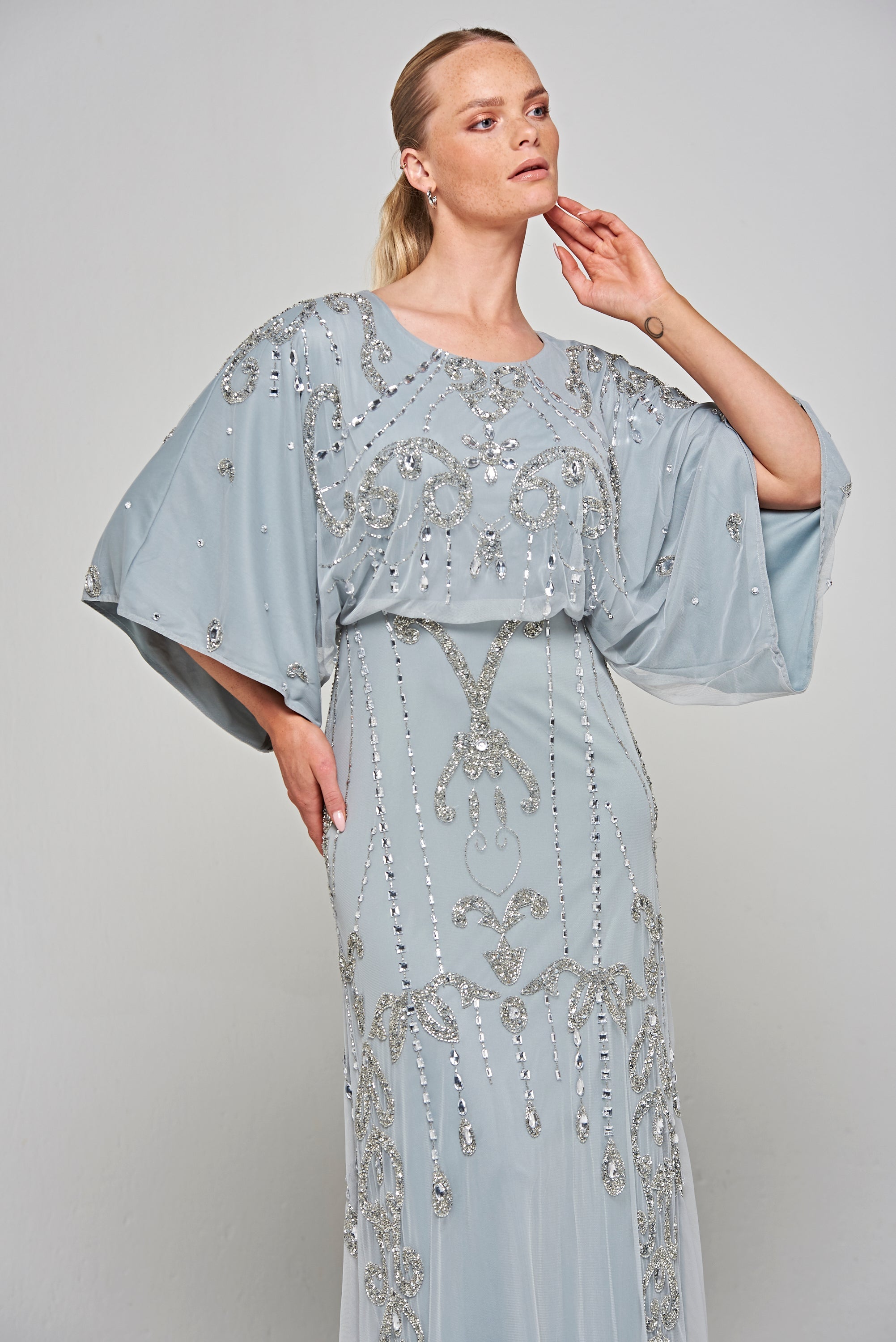 Christine Embellished Maxi Dress with Batwing Sleeves - Light Grey