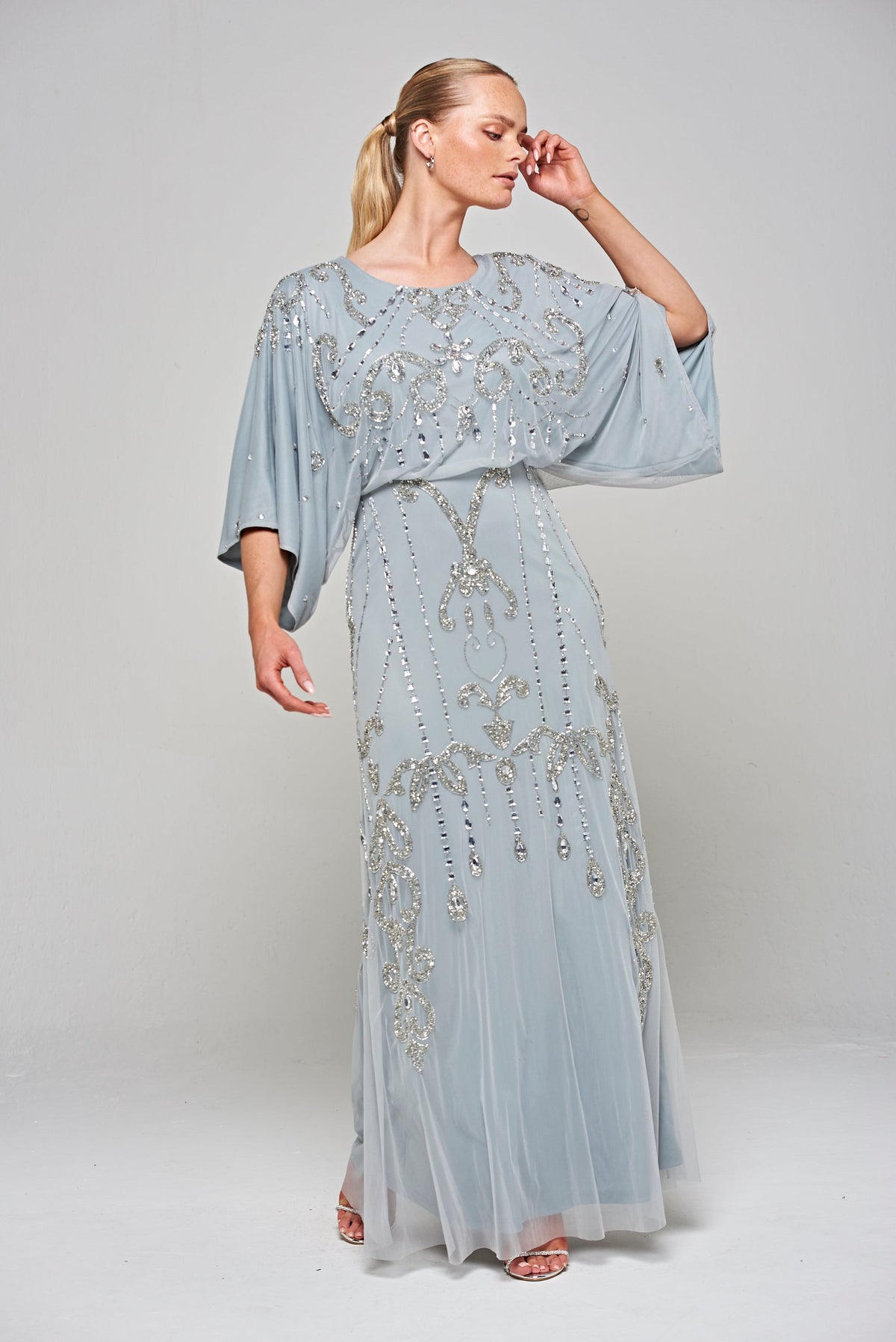 Christine Embellished Maxi Dress with Batwing Sleeves - Light Grey