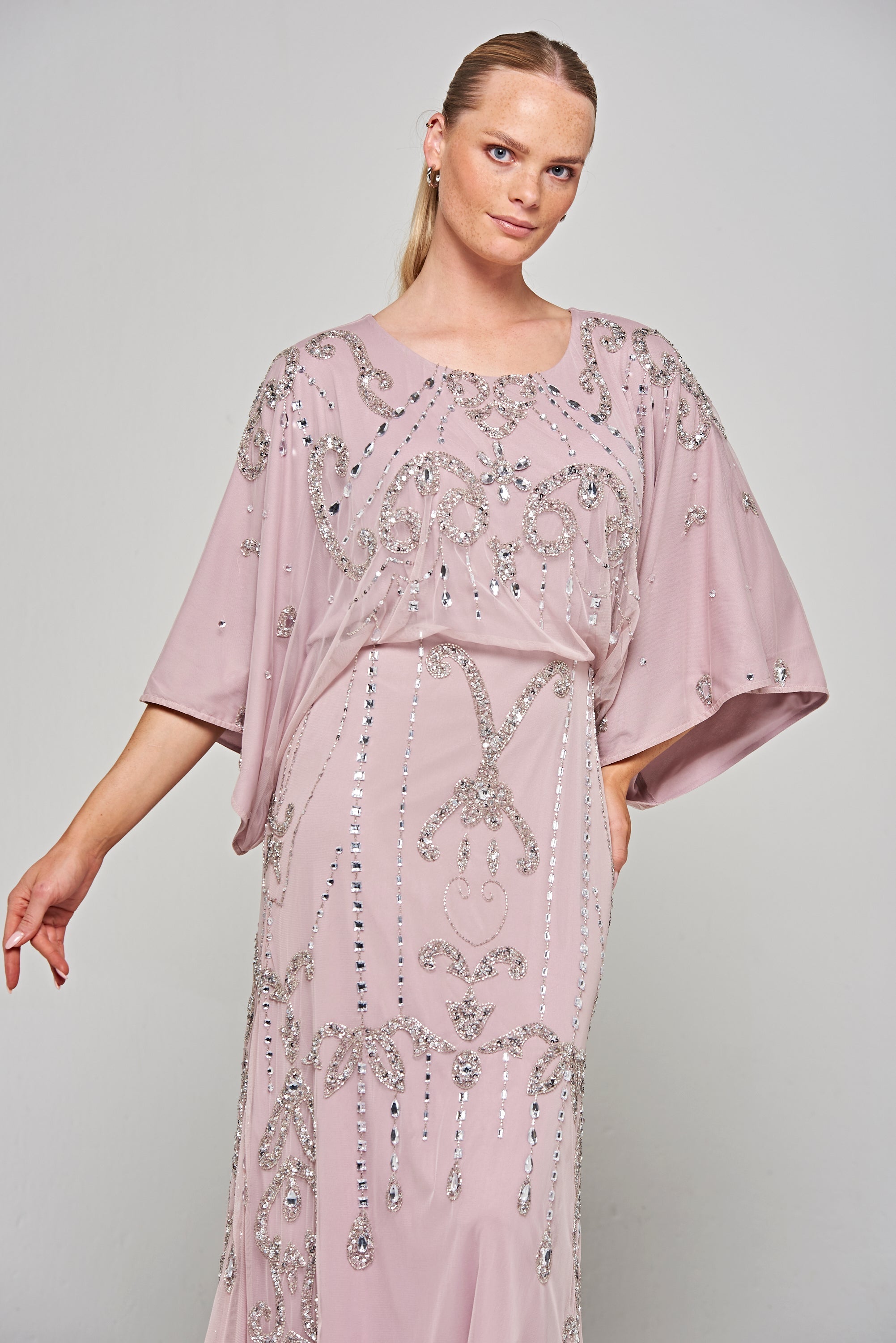 Christine Embellished Maxi Dress with Batwing Sleeves in Lilac