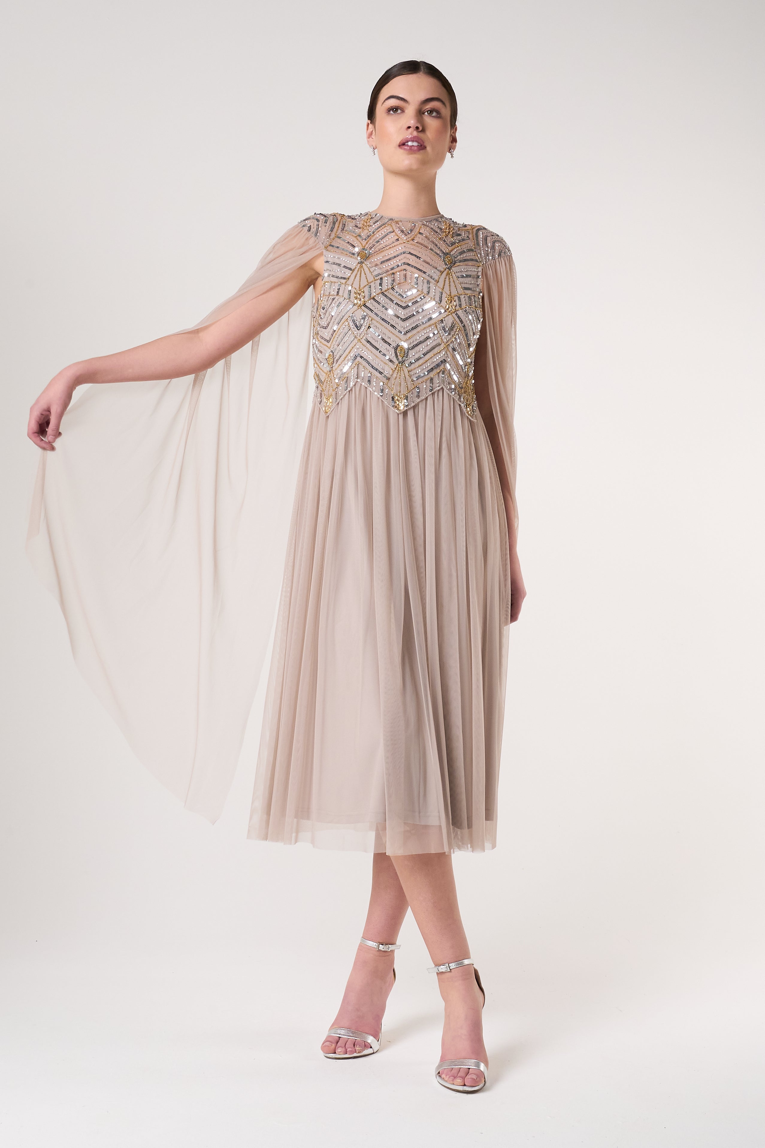Clara Embellished Cape Sleeve Midi Dress