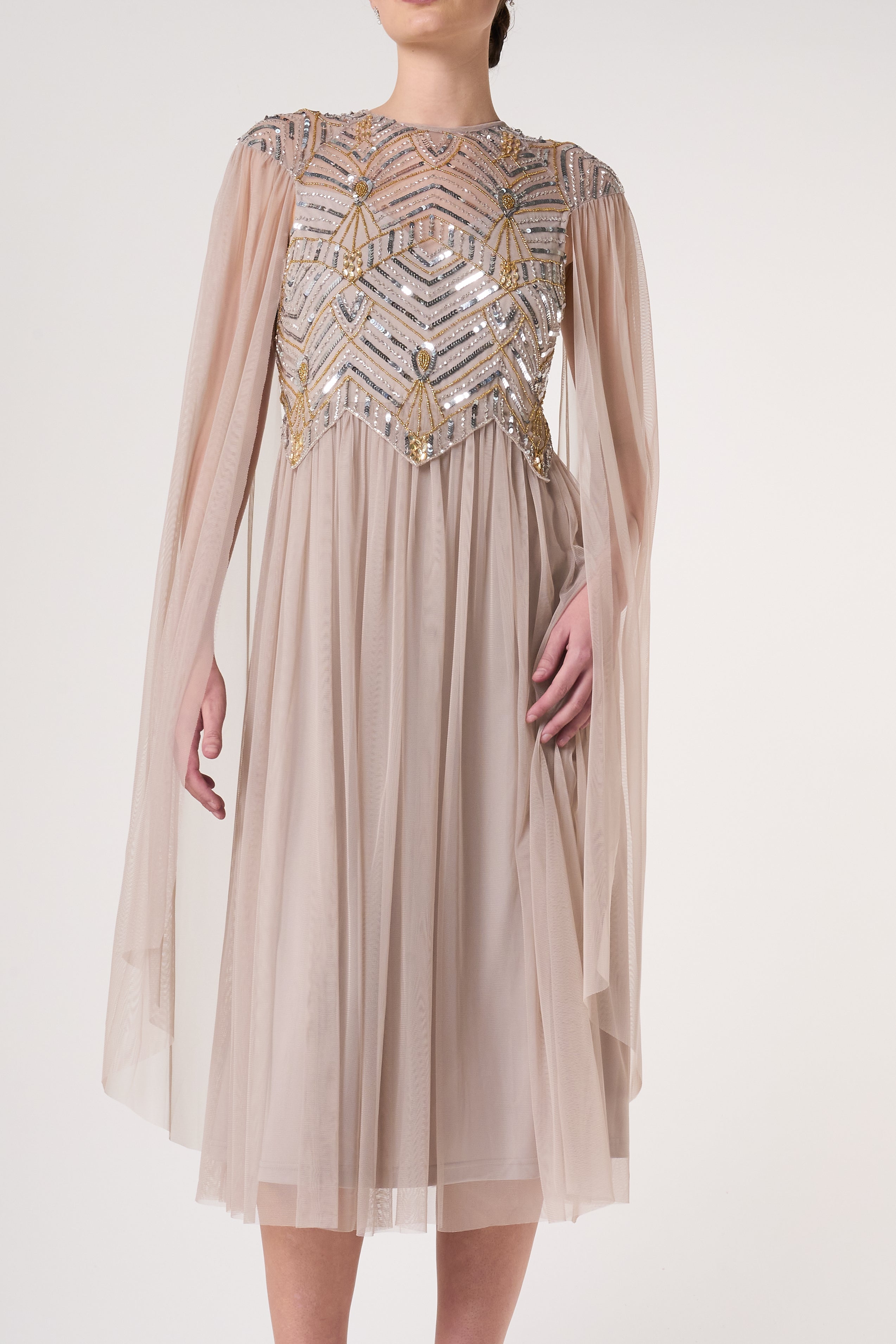 Clara Embellished Cape Sleeve Midi Dress