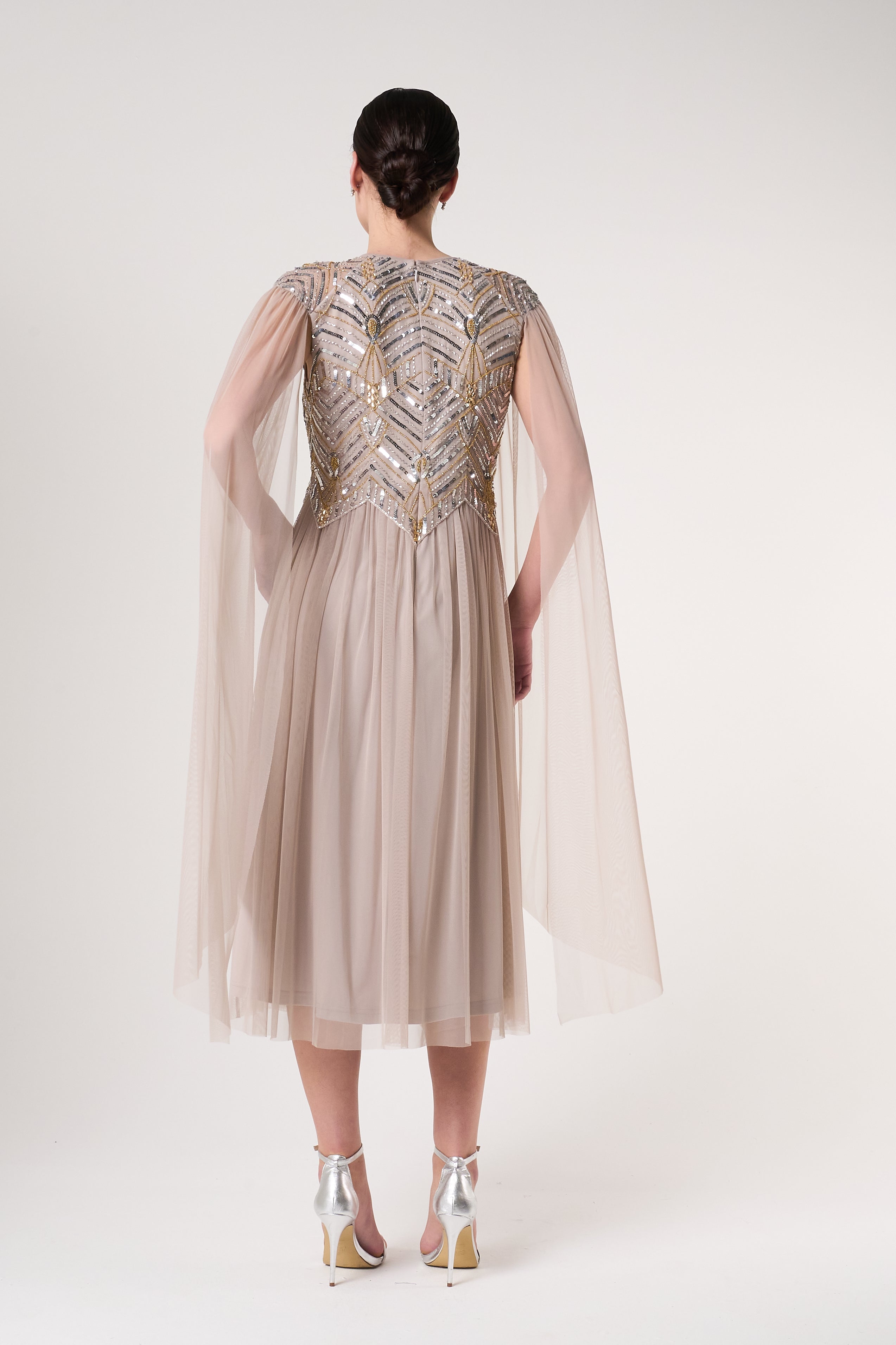 Clara Embellished Cape Sleeve Midi Dress