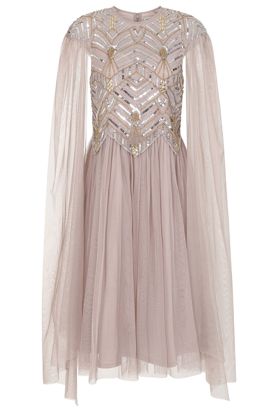 Clara Embellished Cape Sleeve Midi Dress