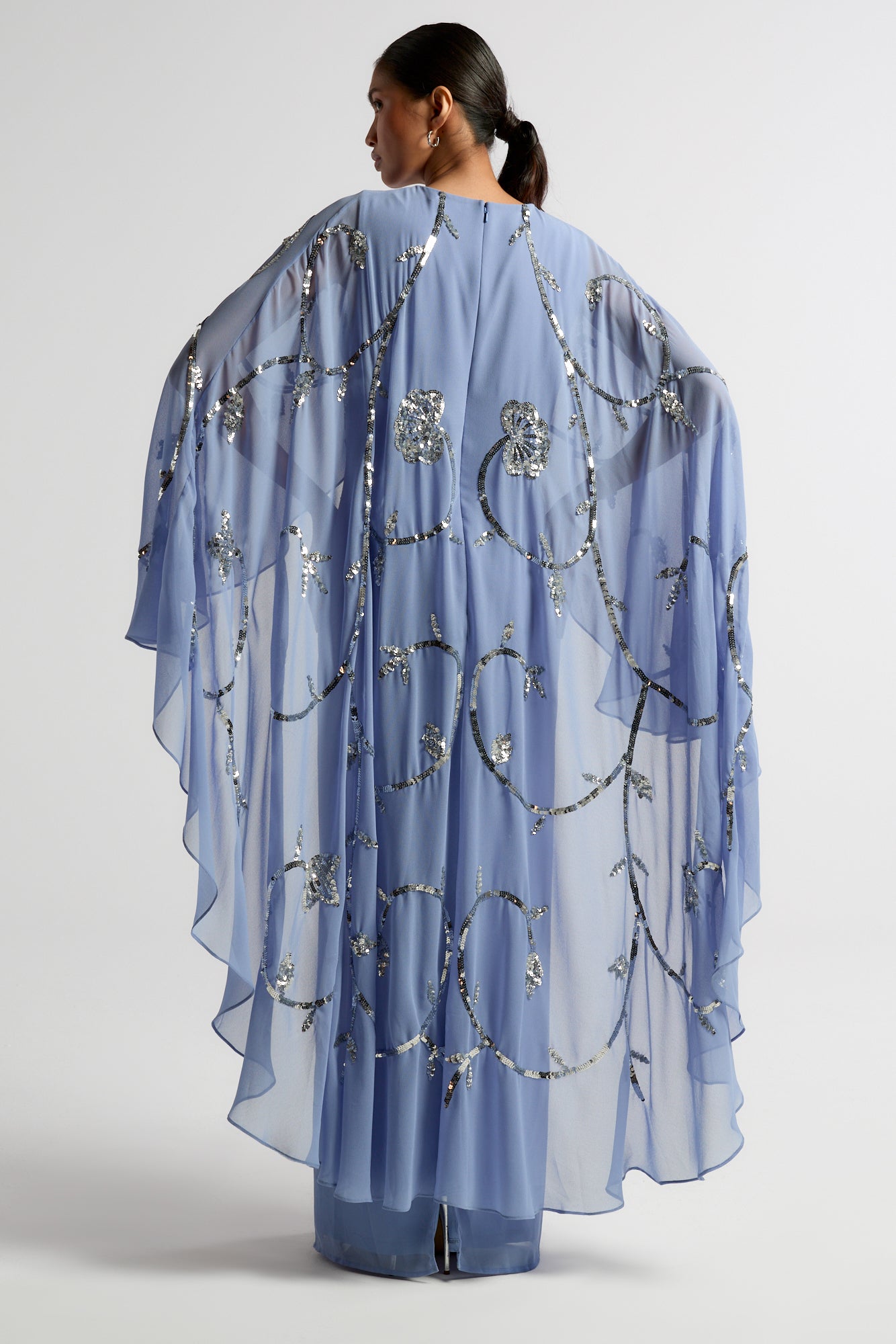 Clarissa Blue Embellished Maxi Dress with Cape Detail by Frock and Frill, floor-length cape dress for weddings and formal occasions