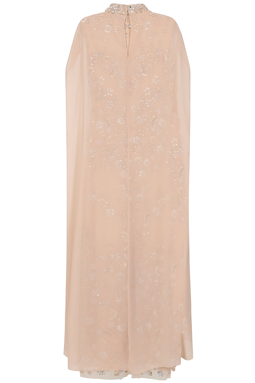 Clementine floral embellished cape sleeve maxi dress with tonal floral beadwork, sheer cape sleeves and flowing silhouette for elegant occasion wear styling