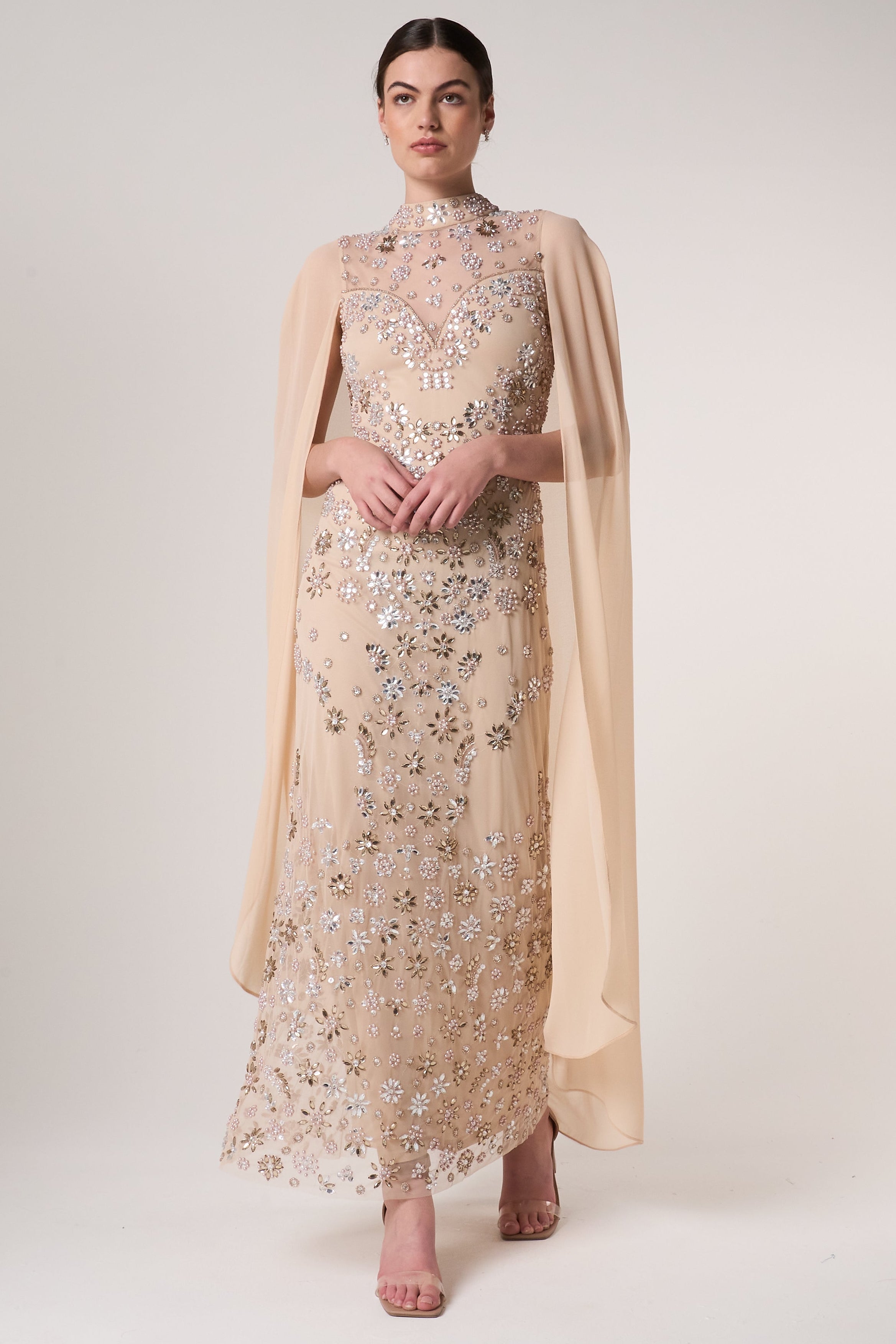 Clementine floral embellished cape sleeve maxi dress with tonal floral beadwork, sheer cape sleeves and flowing silhouette for elegant occasion wear styling