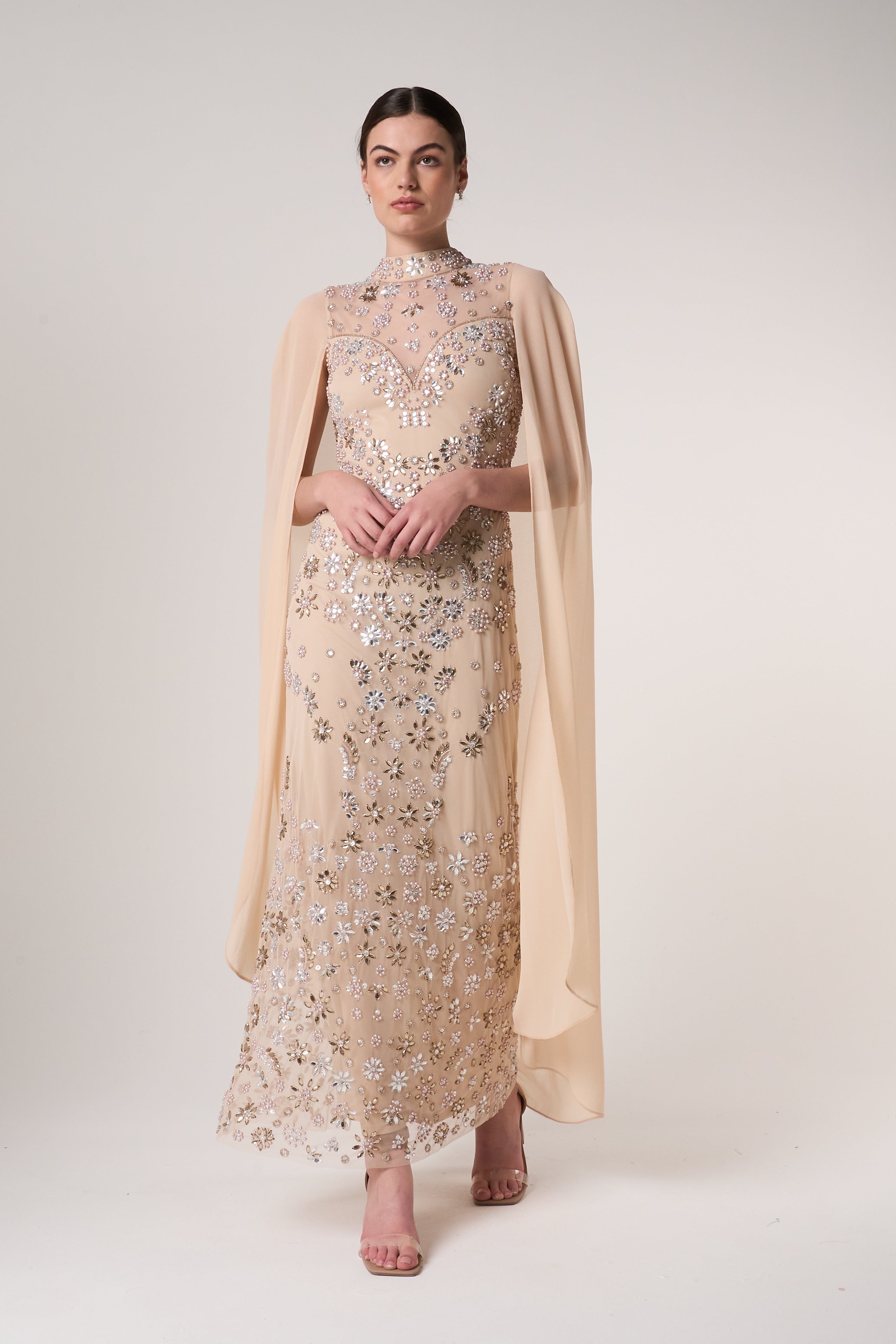 Clementine Floral Embellished Cape Sleeve Maxi Dress