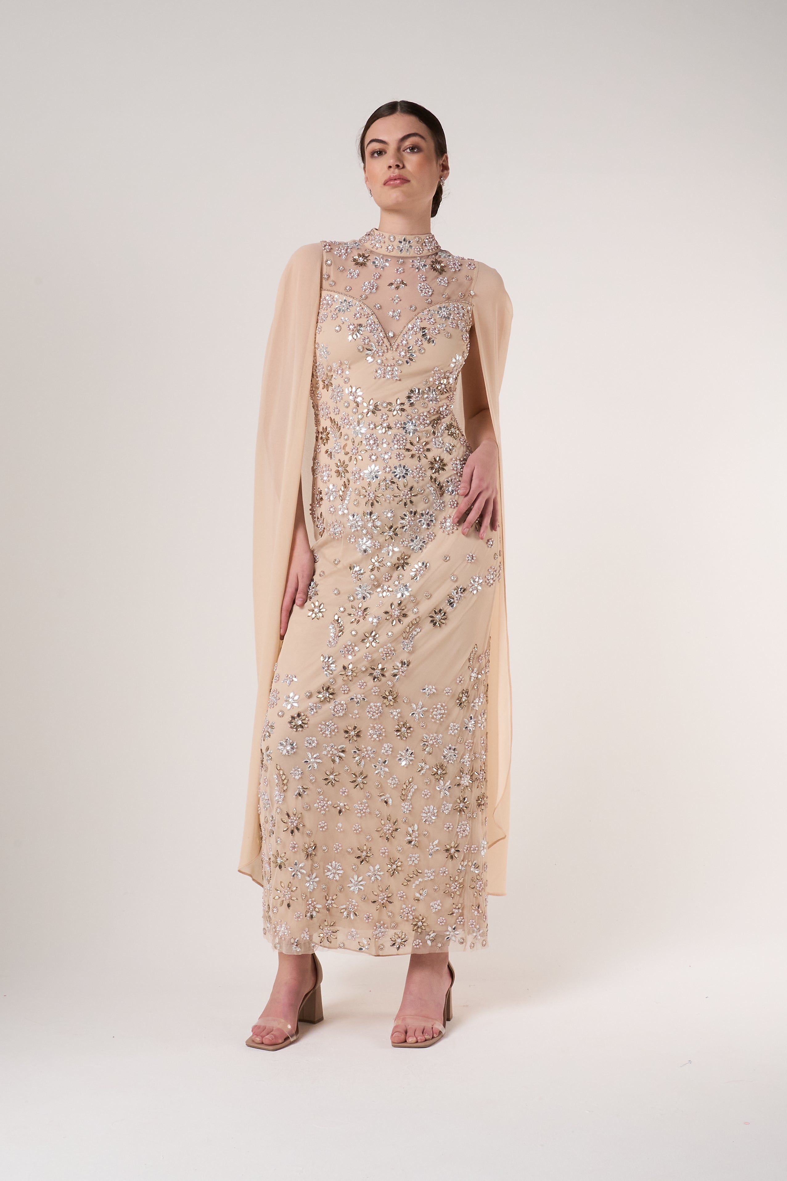 Clementine Floral Embellished Cape Sleeve Maxi Dress