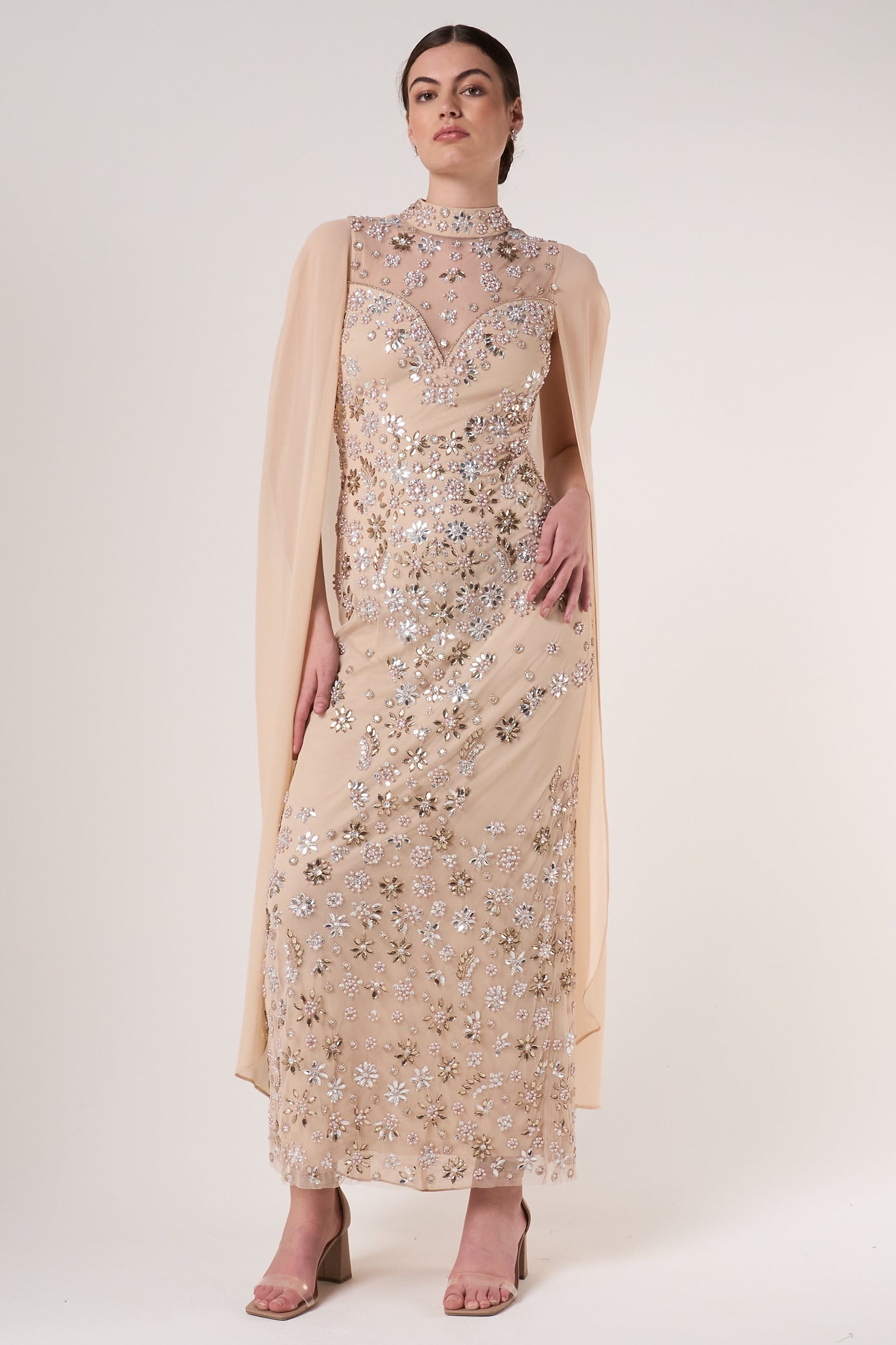 Clementine floral embellished cape sleeve maxi dress with tonal floral beadwork, sheer cape sleeves and flowing silhouette for elegant occasion wear styling