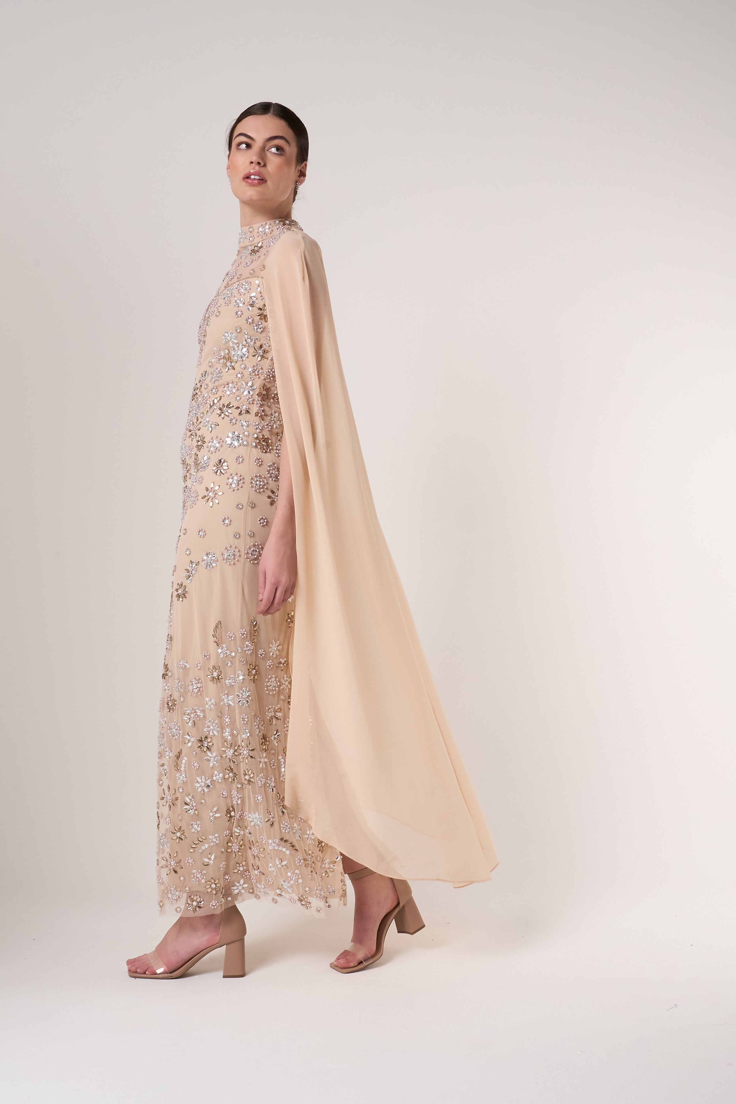 Clementine Floral Embellished Cape Sleeve Maxi Dress