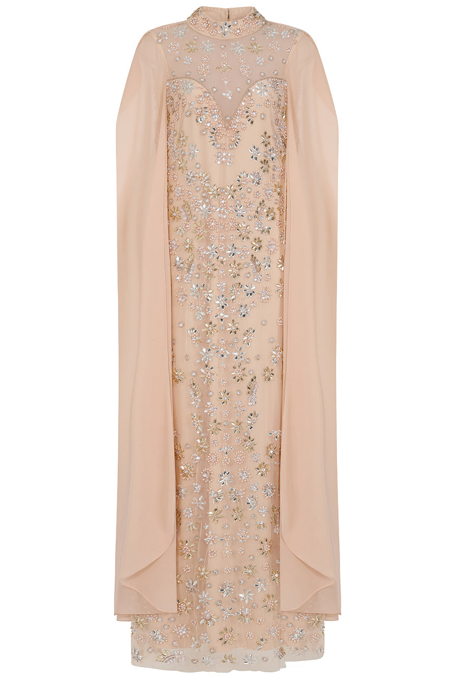 Clementine floral embellished cape sleeve maxi dress with tonal floral beadwork, sheer cape sleeves and flowing silhouette for elegant occasion wear styling