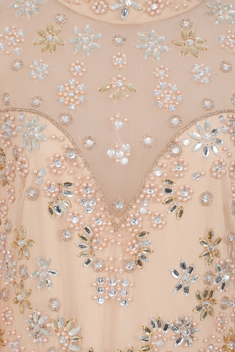 Clementine floral embellished cape sleeve maxi dress with tonal floral beadwork, sheer cape sleeves and flowing silhouette for elegant occasion wear styling