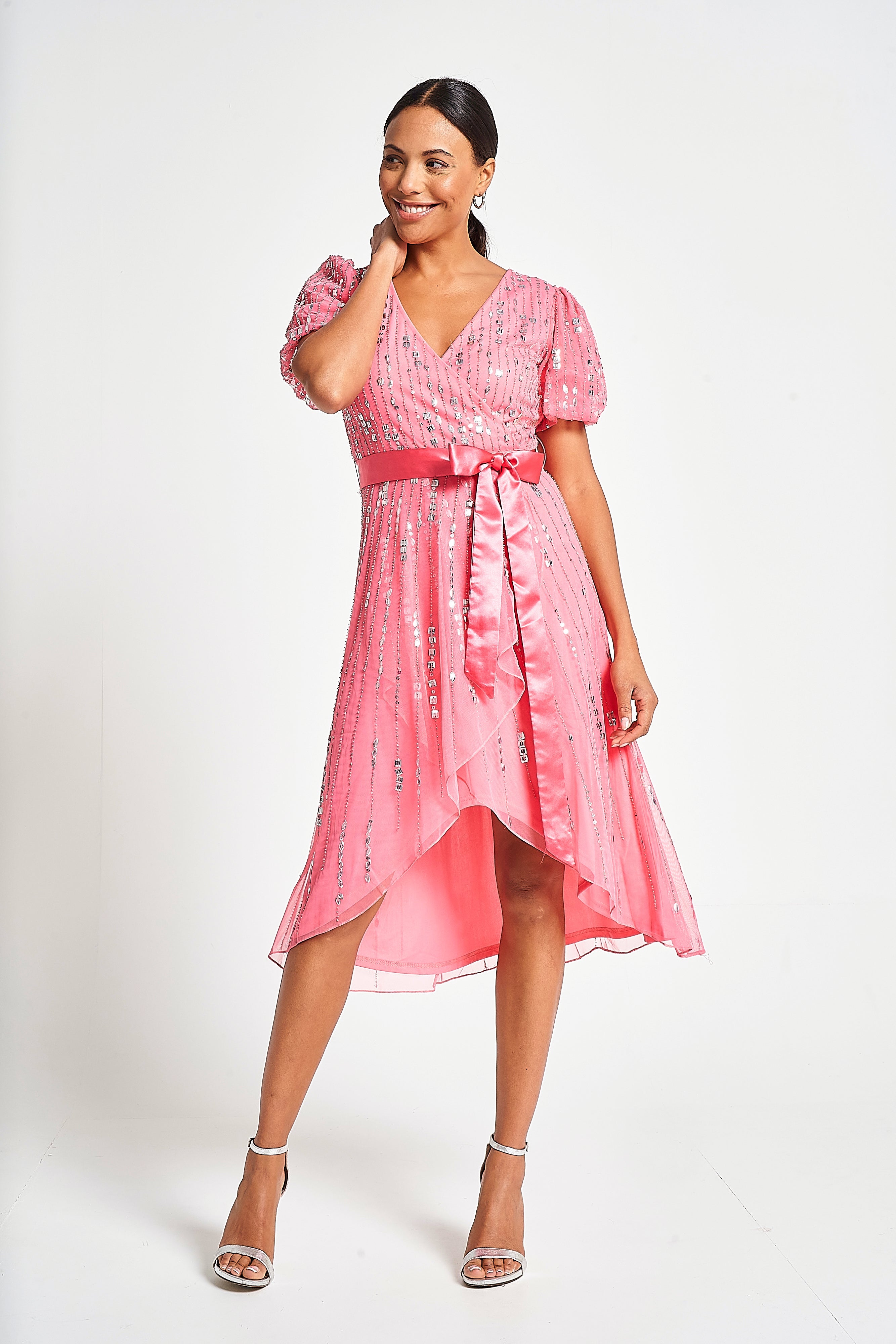 Cleo Embellished Wrap Front Dress - Strawberry Pink