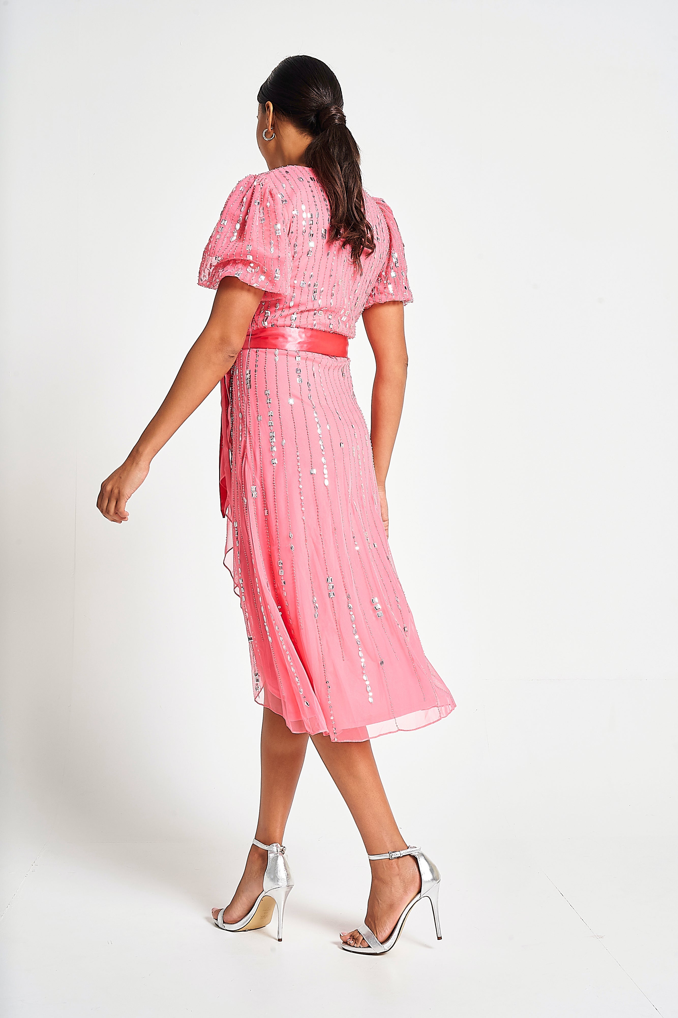 Cleo Embellished Wrap Front Dress - Strawberry Pink