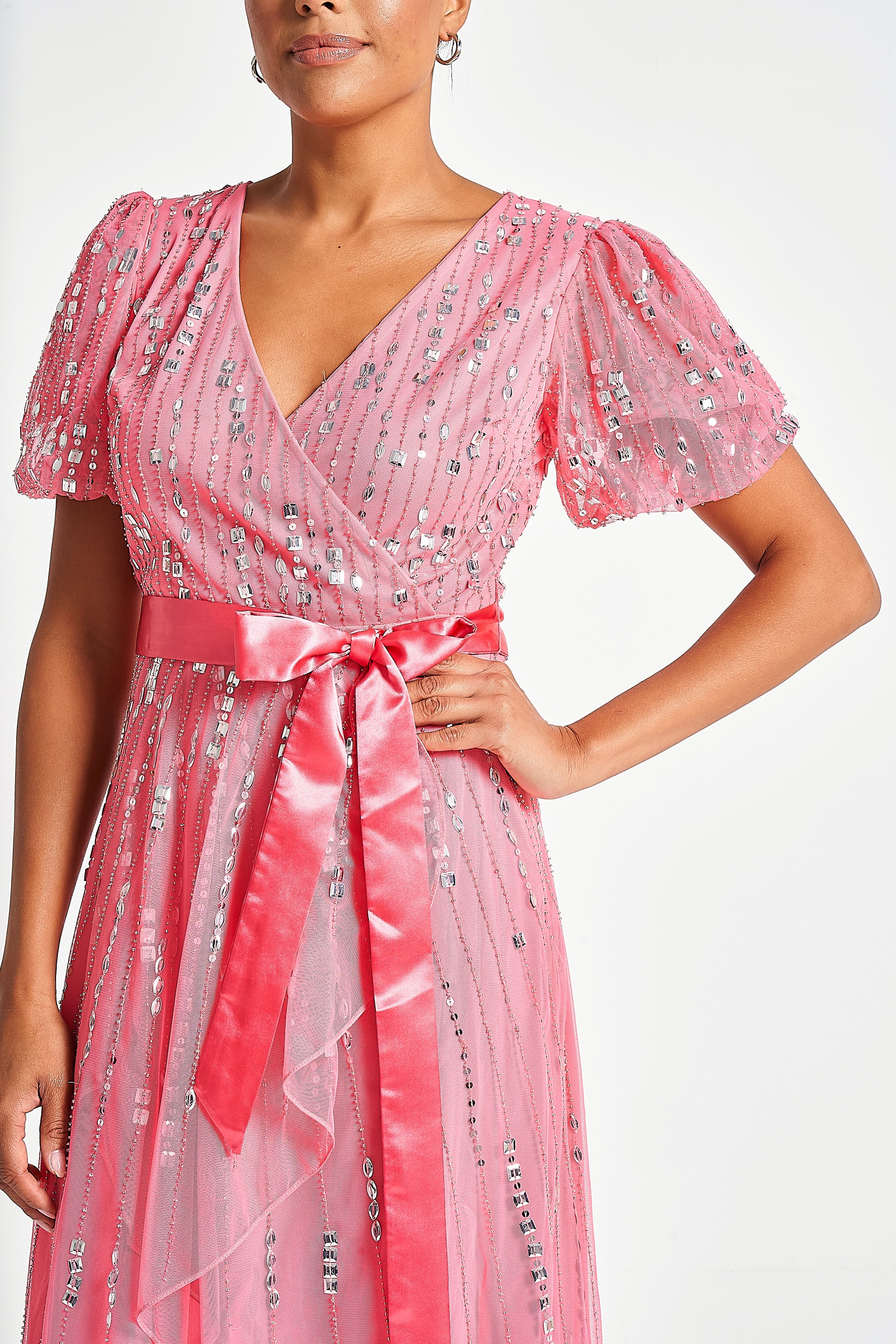 Cleo Embellished Wrap Front Dress - Strawberry Pink