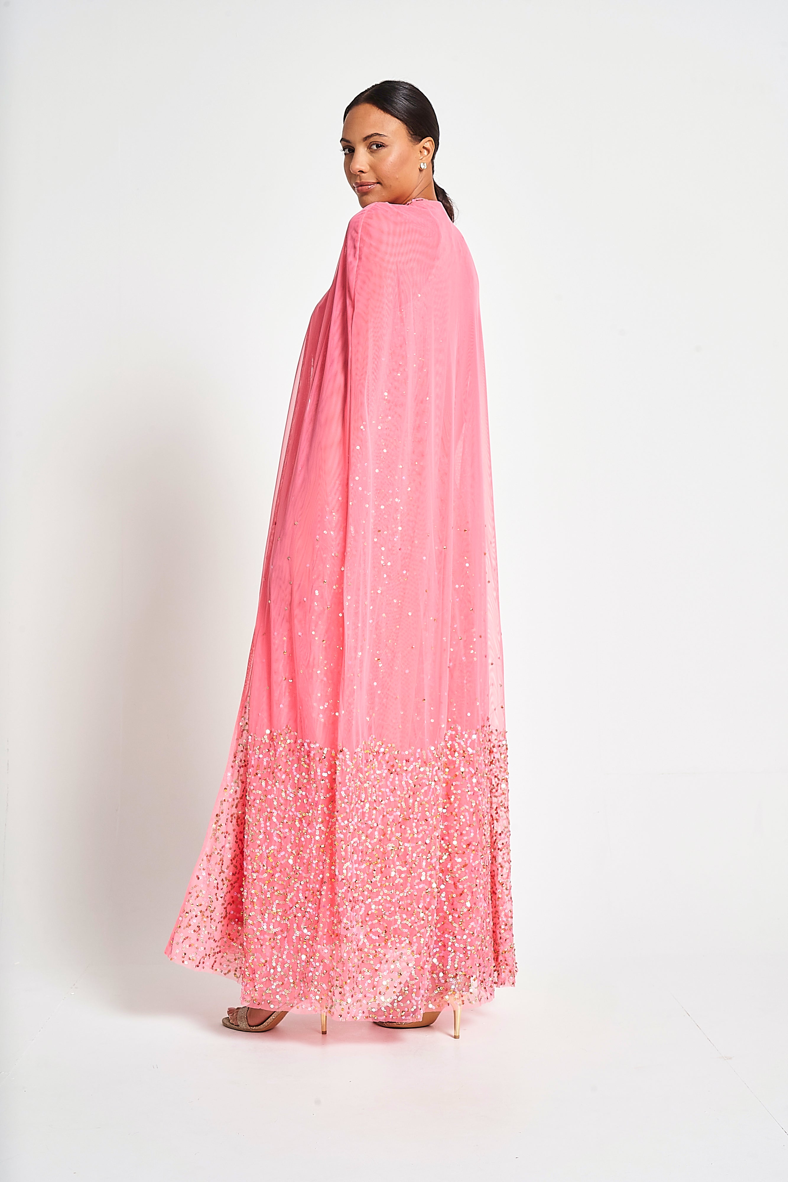 Cora Sequin Maxi Dress with Detachable Cape - Strawberry Pink