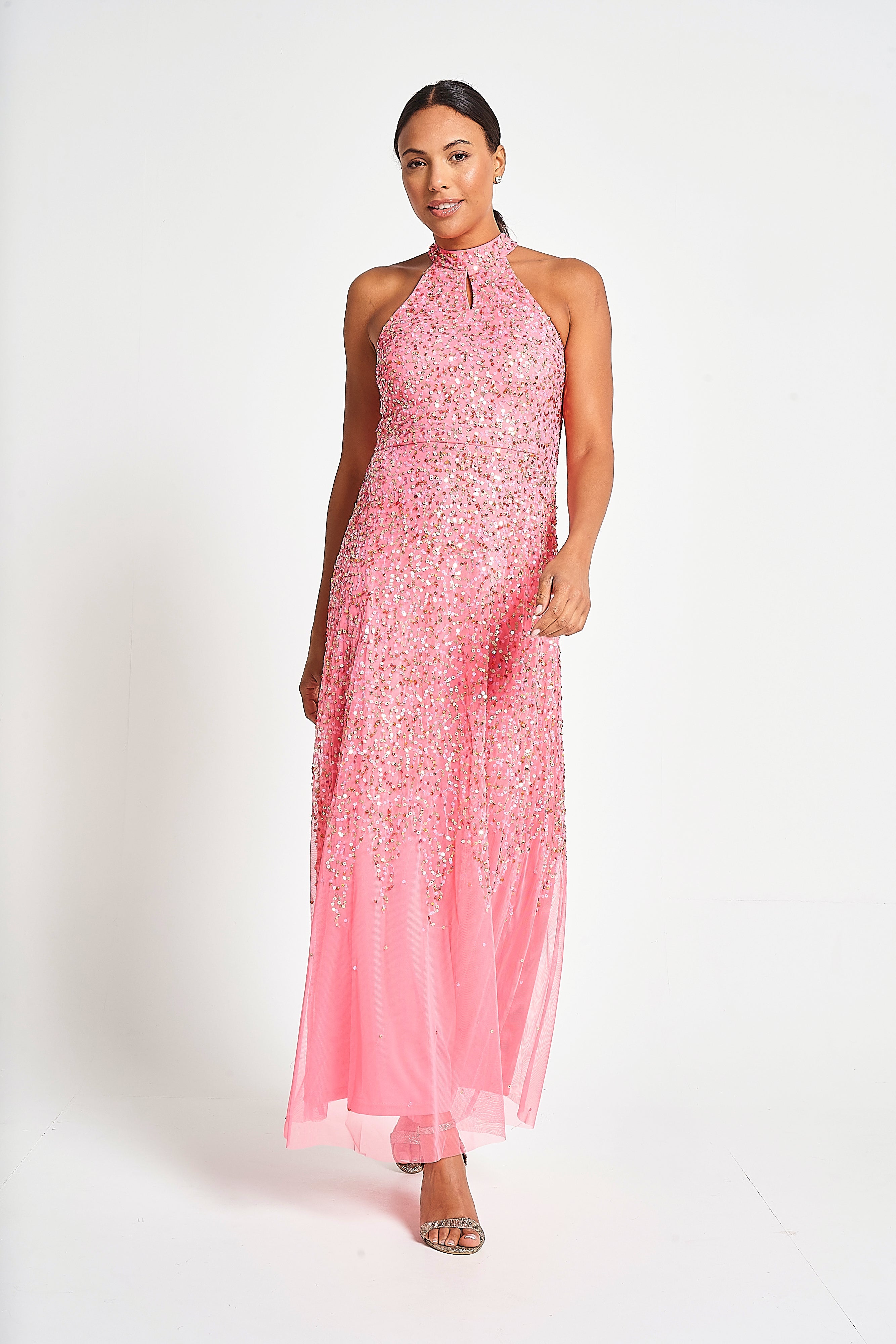 Cora Sequin Maxi Dress with Detachable Cape - Strawberry Pink