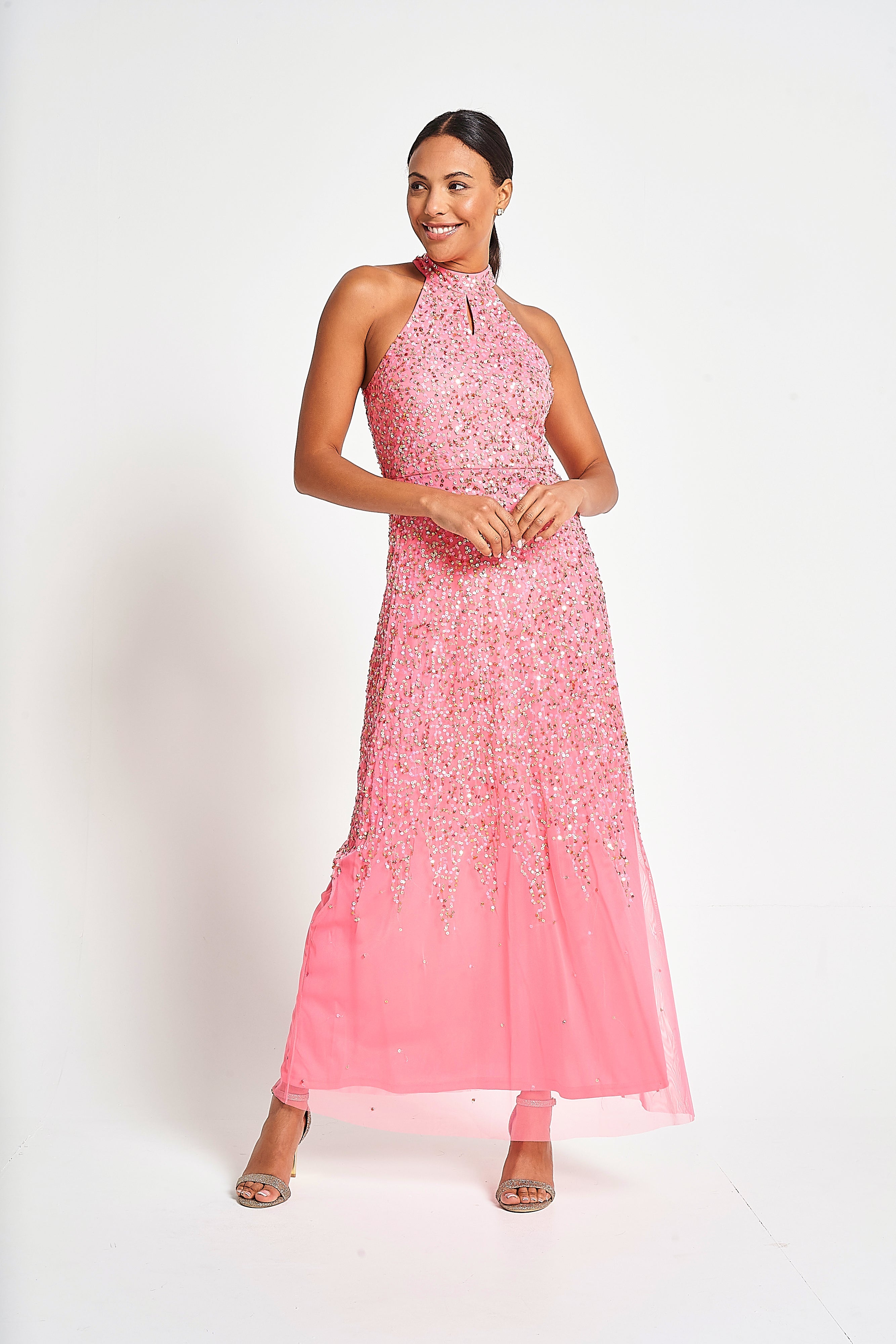 Cora Sequin Maxi Dress with Detachable Cape - Strawberry Pink
