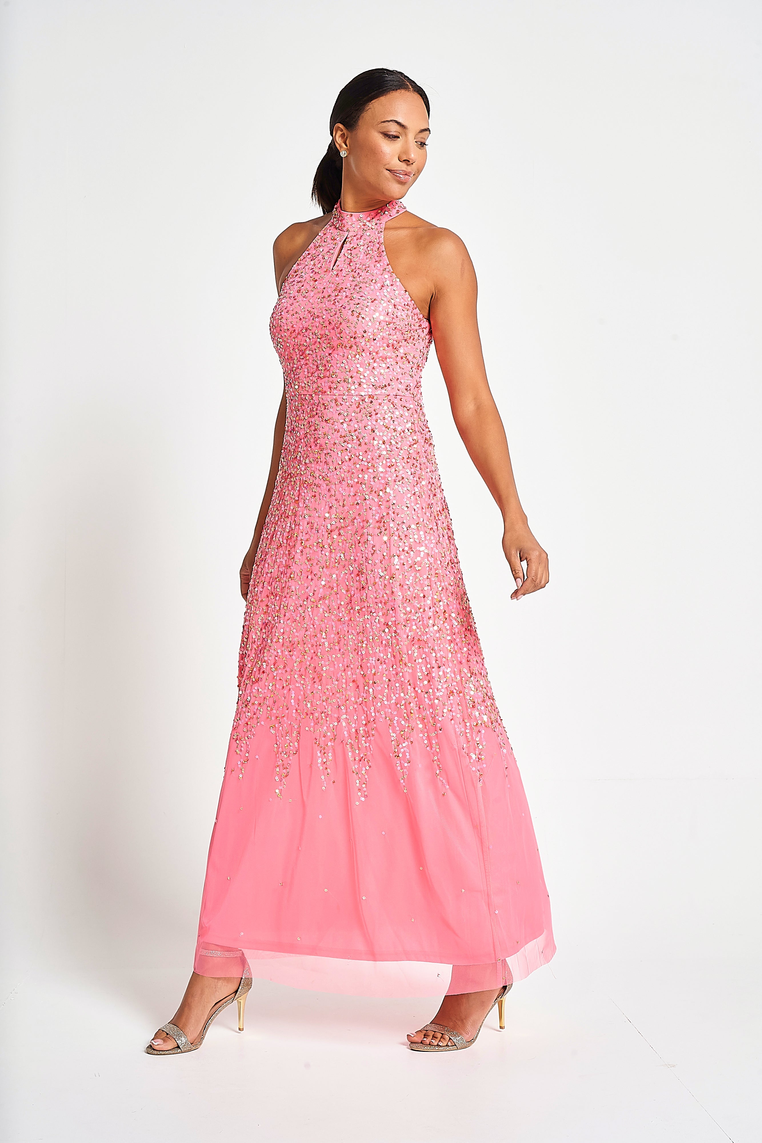 Cora Sequin Maxi Dress with Detachable Cape - Strawberry Pink