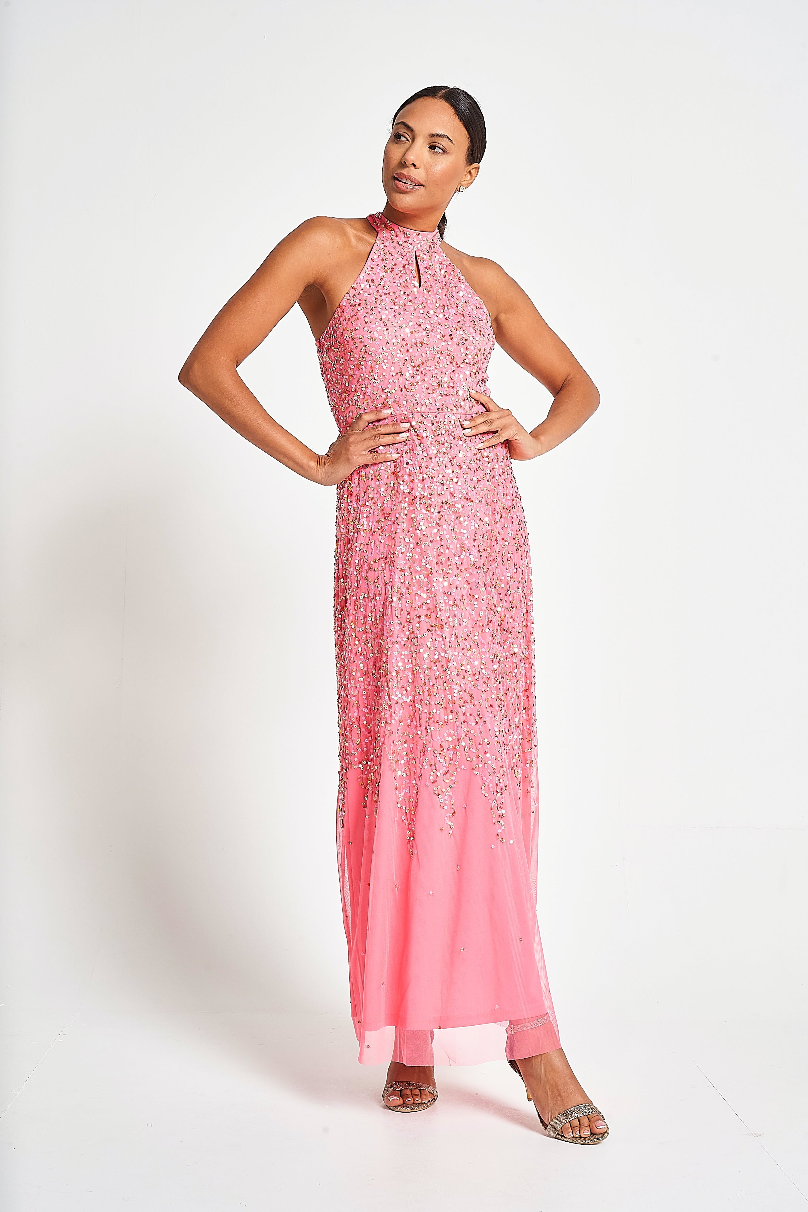 Cora Sequin Maxi Dress with Detachable Cape - Strawberry Pink