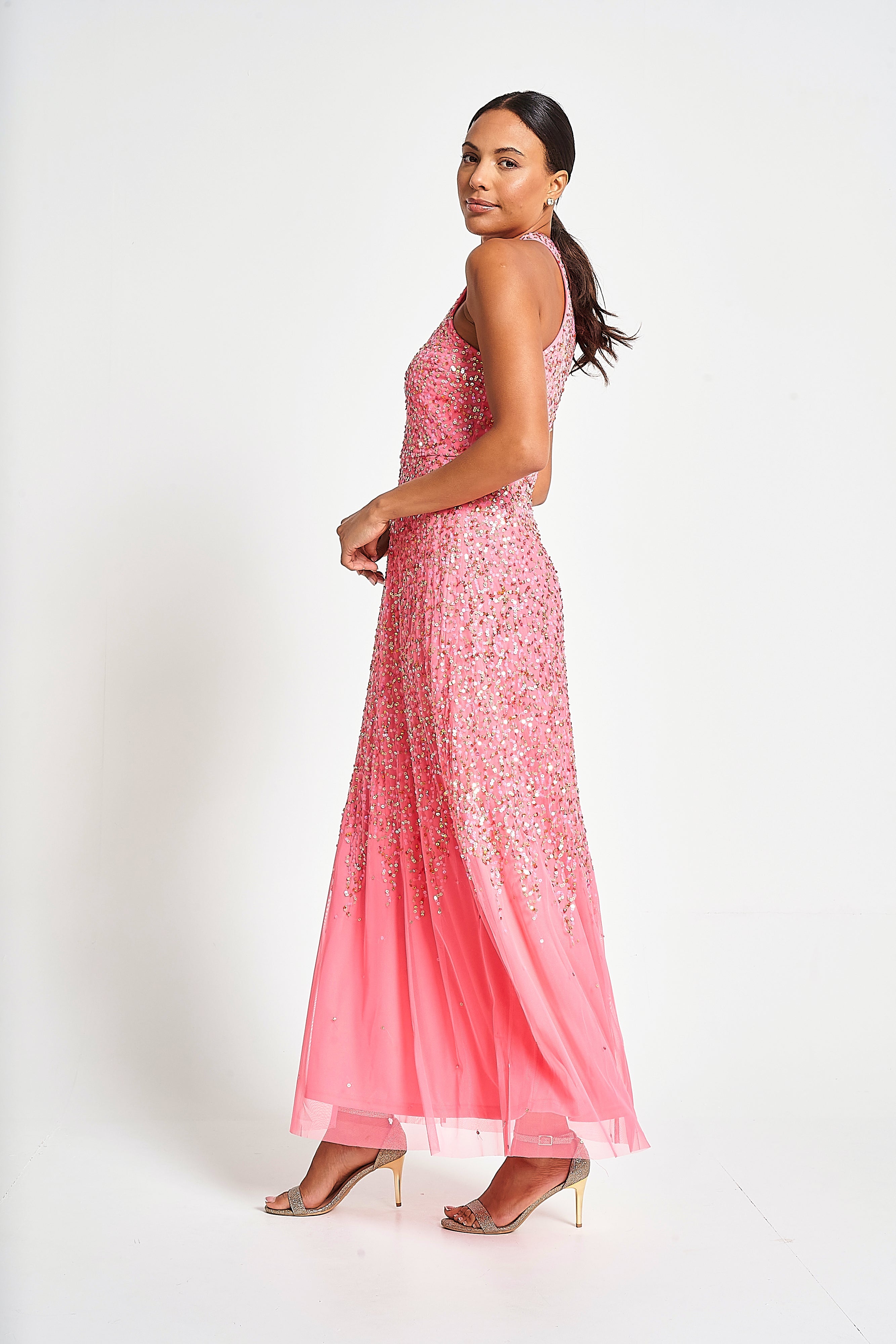 Cora Sequin Maxi Dress with Detachable Cape - Strawberry Pink