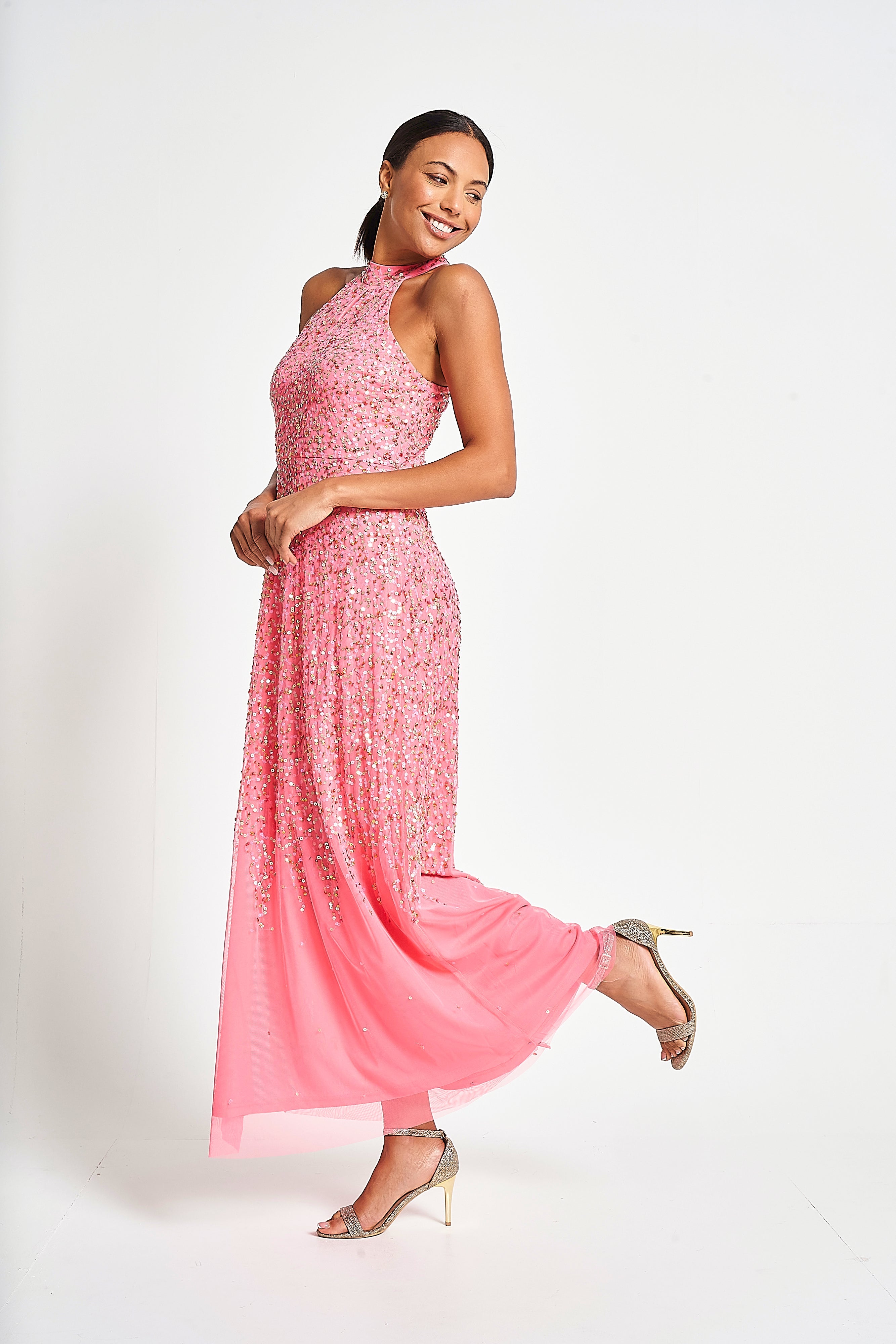 Cora Sequin Maxi Dress with Detachable Cape - Strawberry Pink