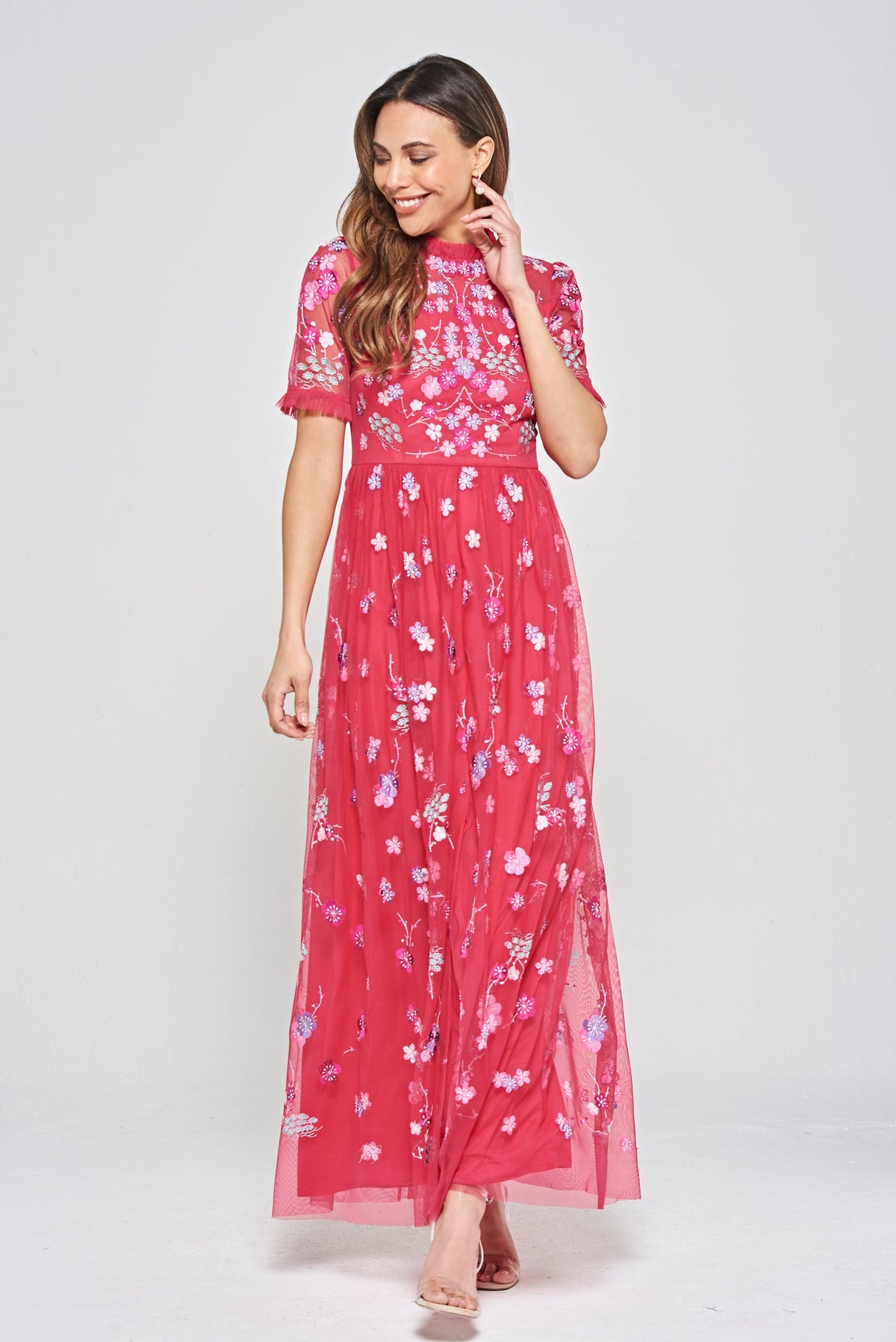 Coraline Floral Embroidered Maxi Dress - Crimson Pink