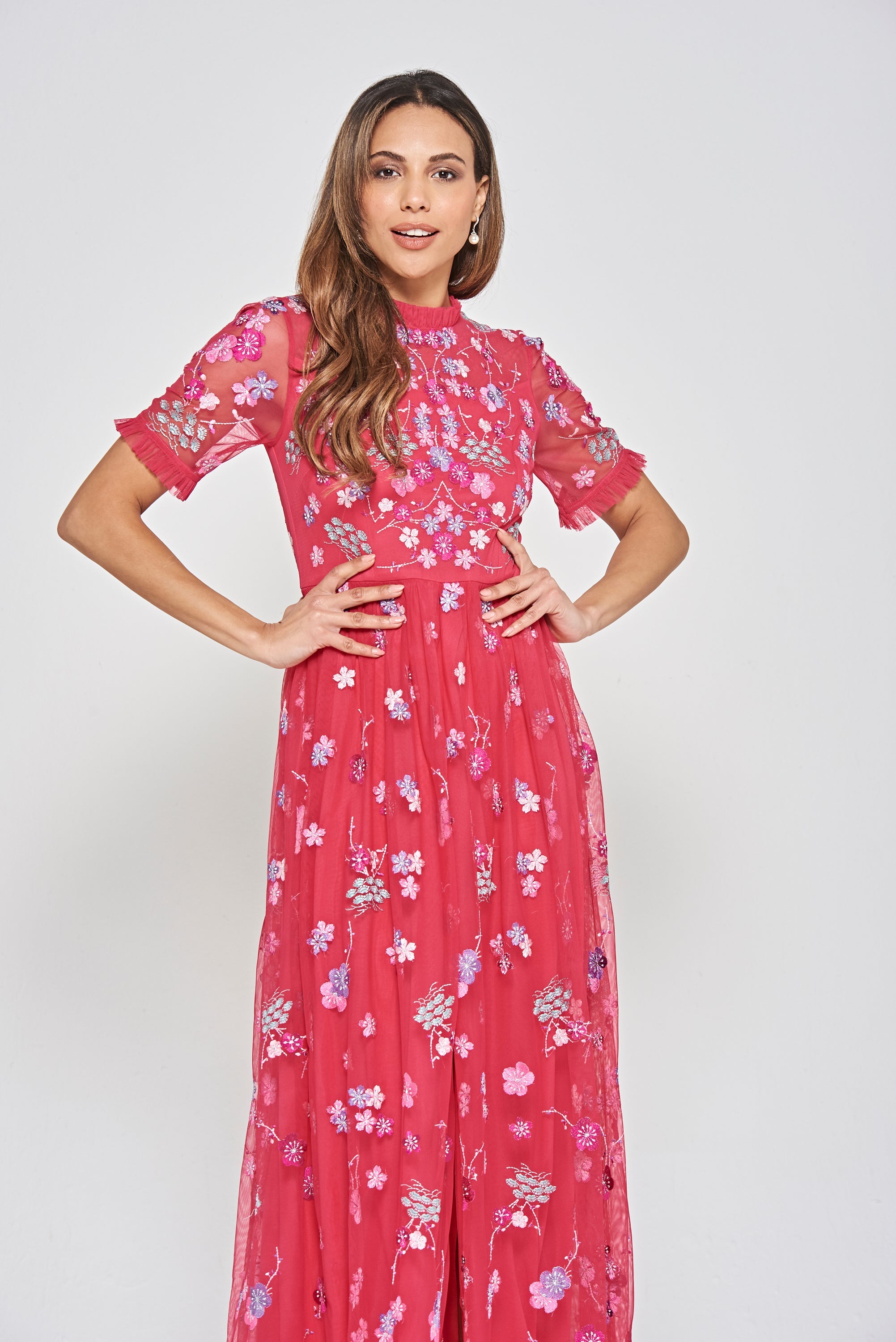 Coraline Floral Embroidered Maxi Dress - Crimson Pink