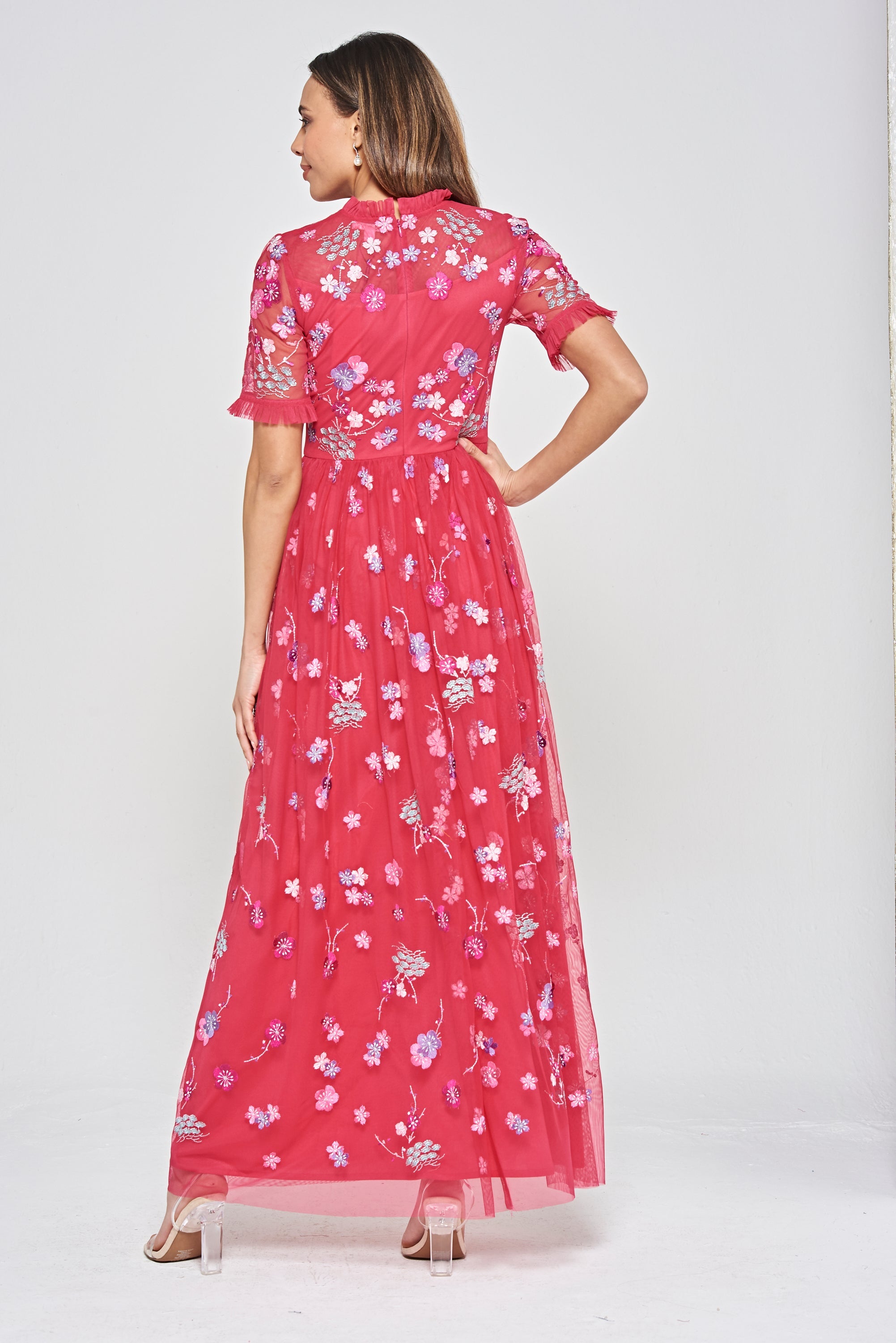 Coraline Floral Embroidered Maxi Dress - Crimson Pink