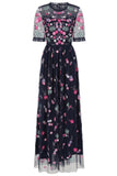 Coraline Floral Embroidered Maxi Dress - Navy