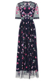 Coraline Floral Embroidered Maxi Dress - Navy