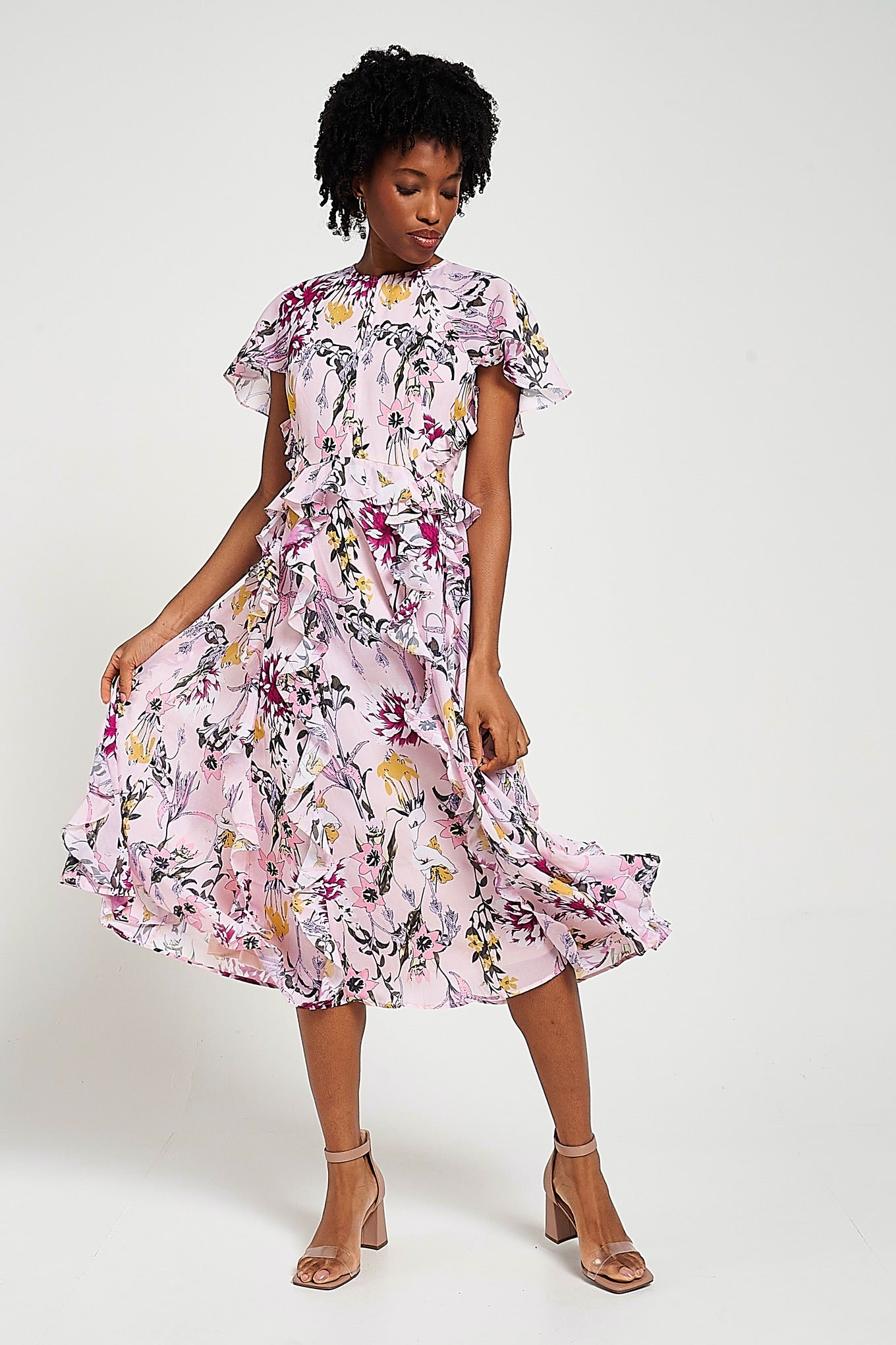 Corinna Pink Floral Print Midi Dress