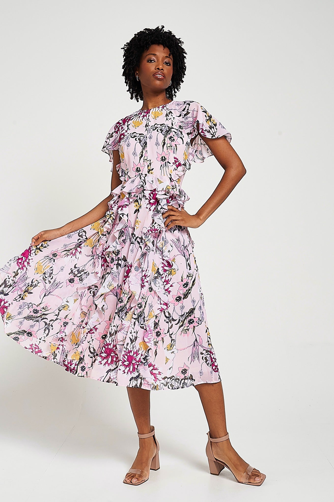 Corinna Pink Floral Print Midi Dress