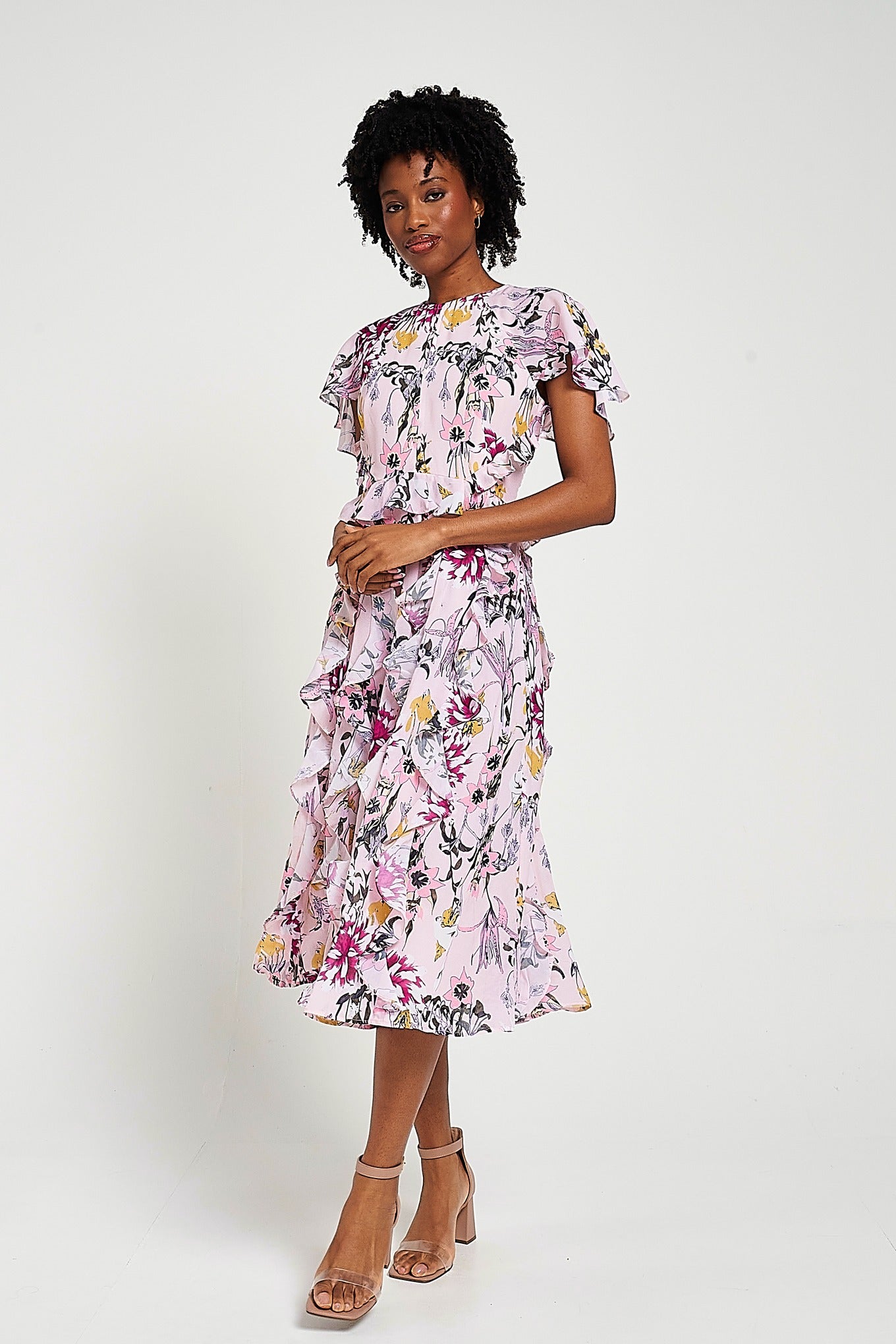 Corinna Pink Floral Print Midi Dress