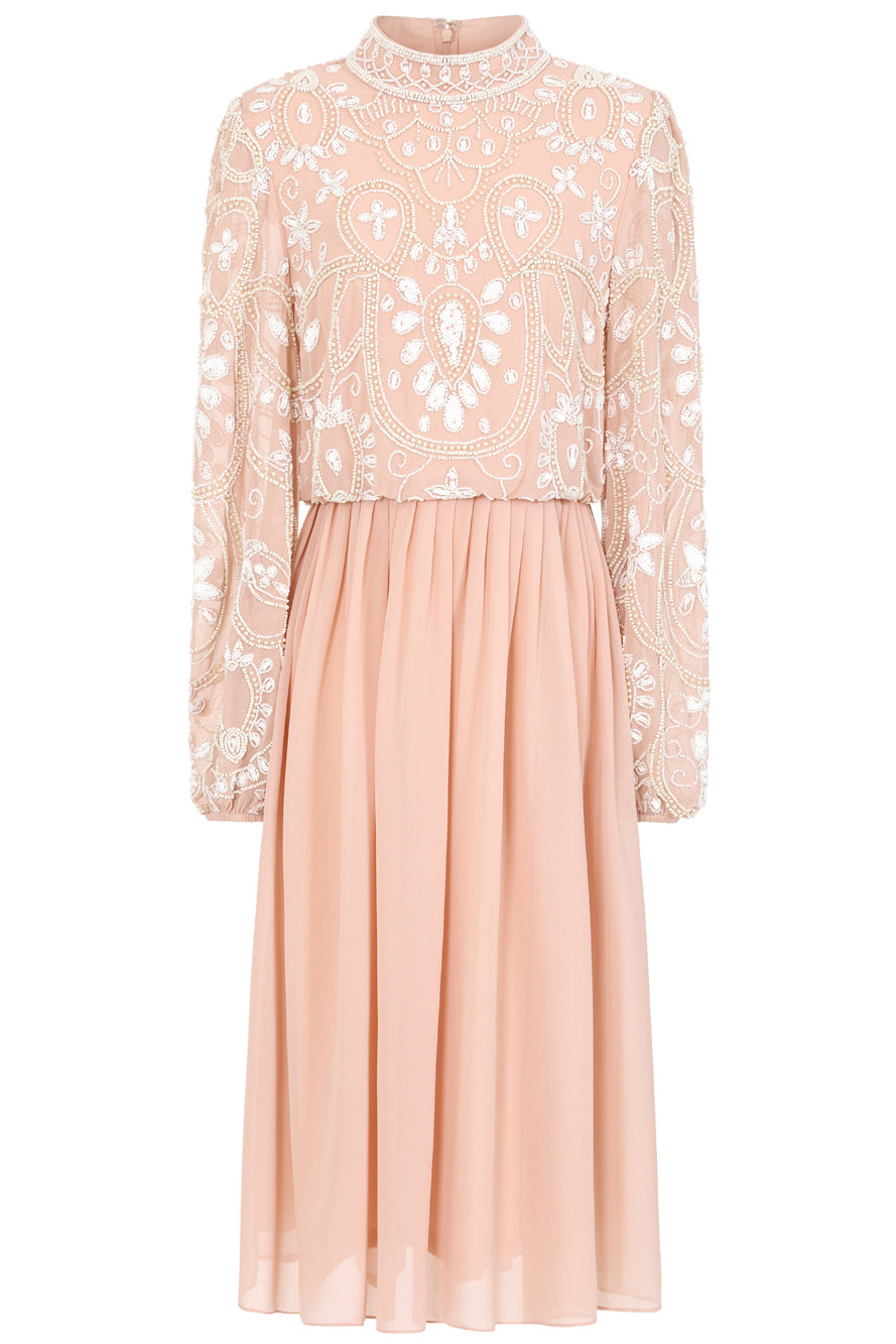Cressida blush embellished midi dress with full-length puff sleeves and fit and flare skirt