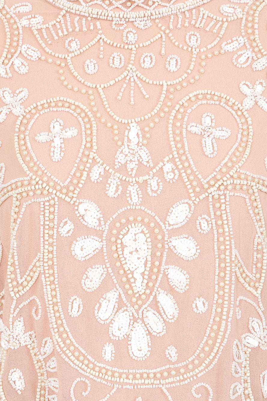 Cressida blush embellished midi dress with full-length puff sleeves and fit and flare skirt