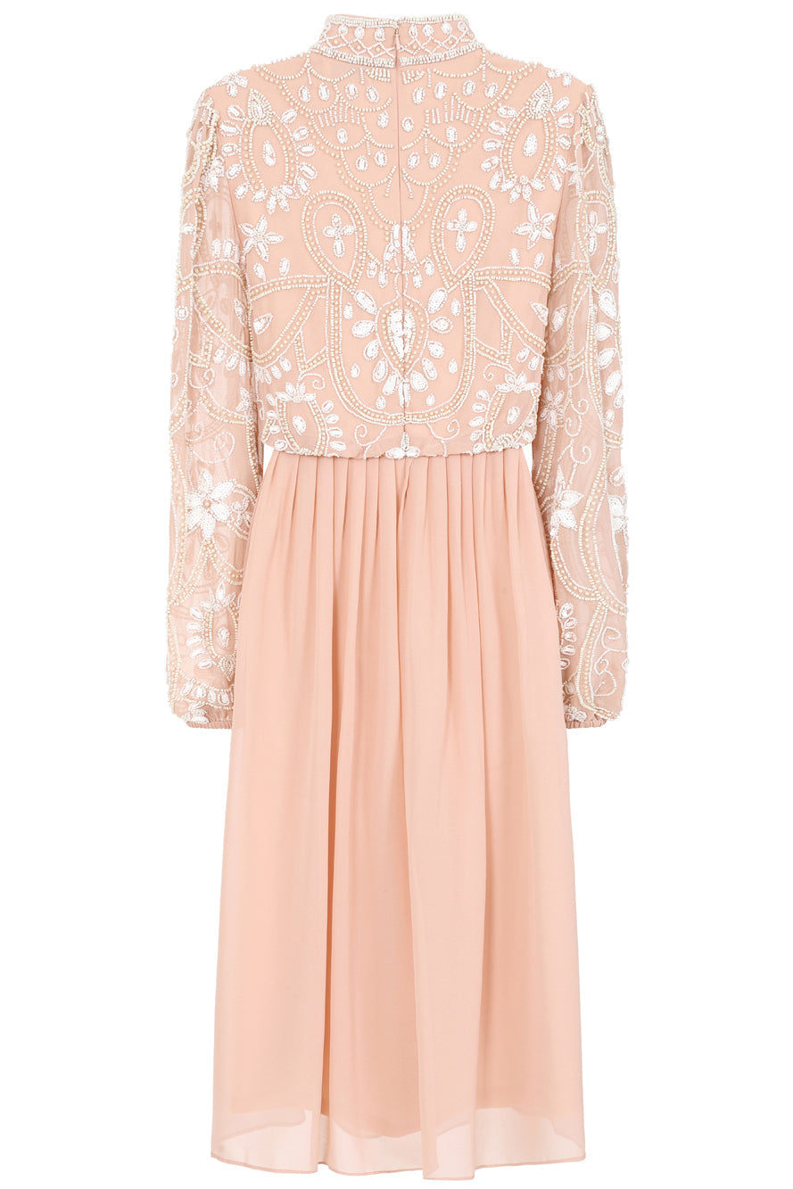 Cressida blush embellished midi dress with full-length puff sleeves and fit and flare skirt