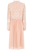 Cressida blush embellished midi dress with full-length puff sleeves and fit and flare skirt