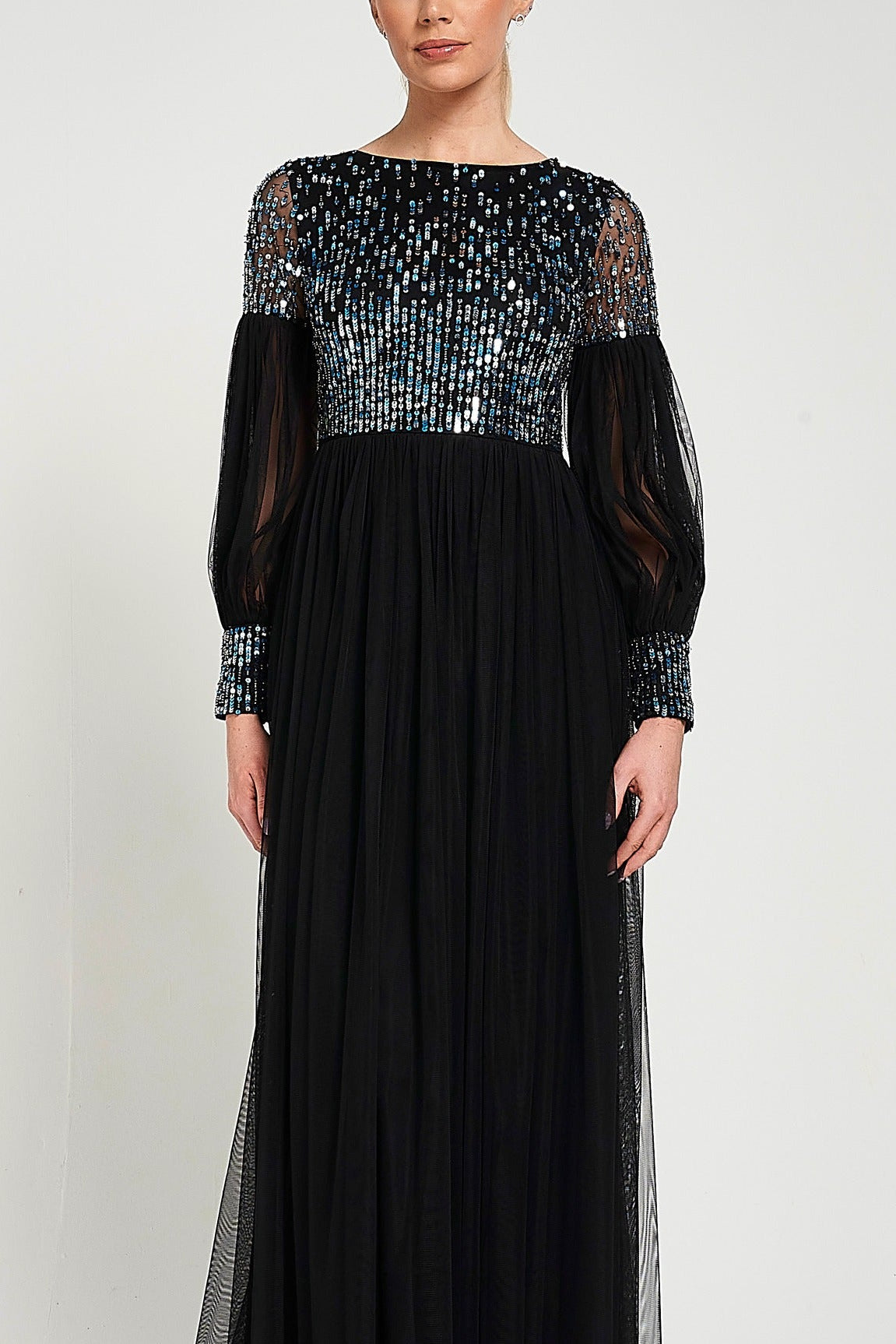 Dariane black sequin maxi dress with embellished bodice, long sleeves and full-length silhouette designed for elegant evening and occasion wear