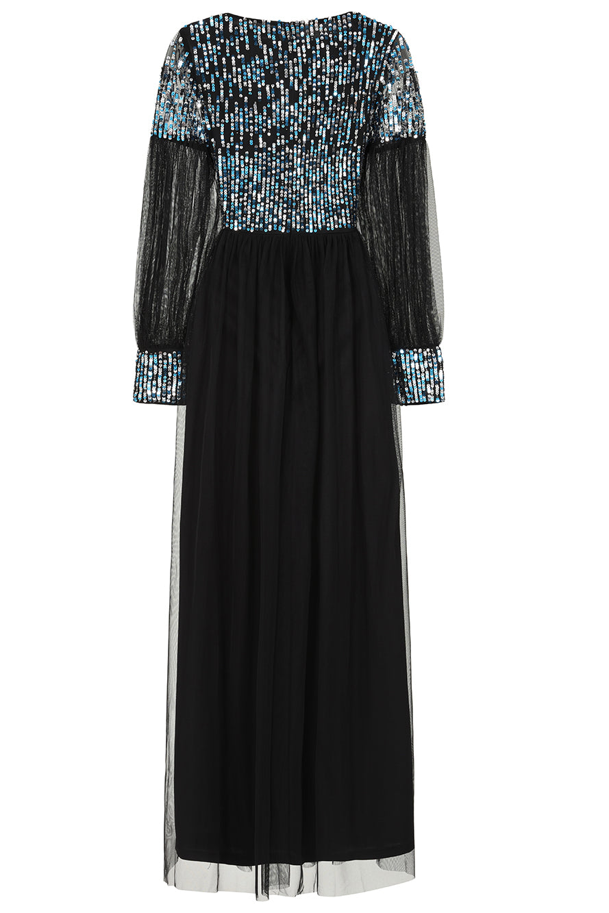 Dariane black sequin maxi dress with embellished bodice, long sleeves and full-length silhouette designed for elegant evening and occasion wear