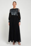 Dariane black sequin maxi dress with embellished bodice, long sleeves and full-length silhouette designed for elegant evening and occasion wear