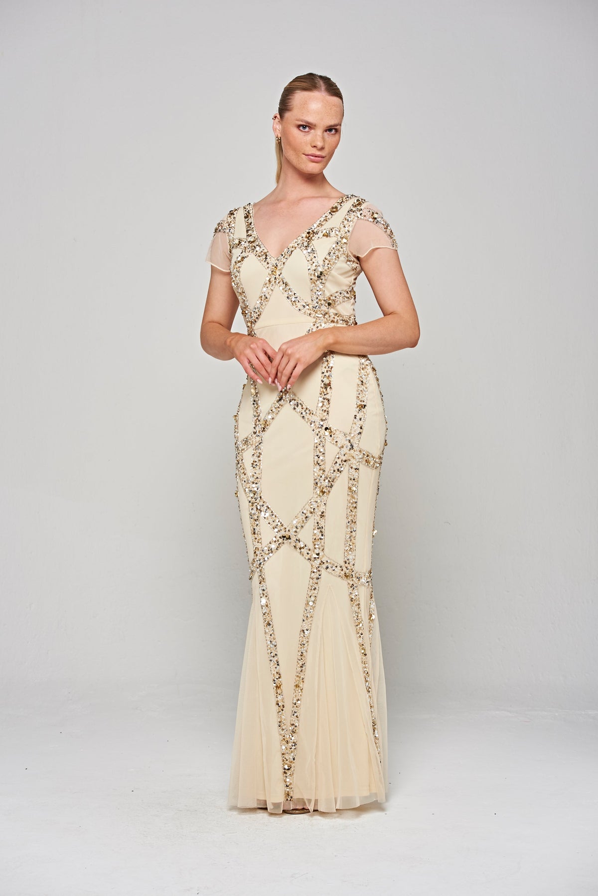 Deanna Sequin Maxi Dress in Champagne