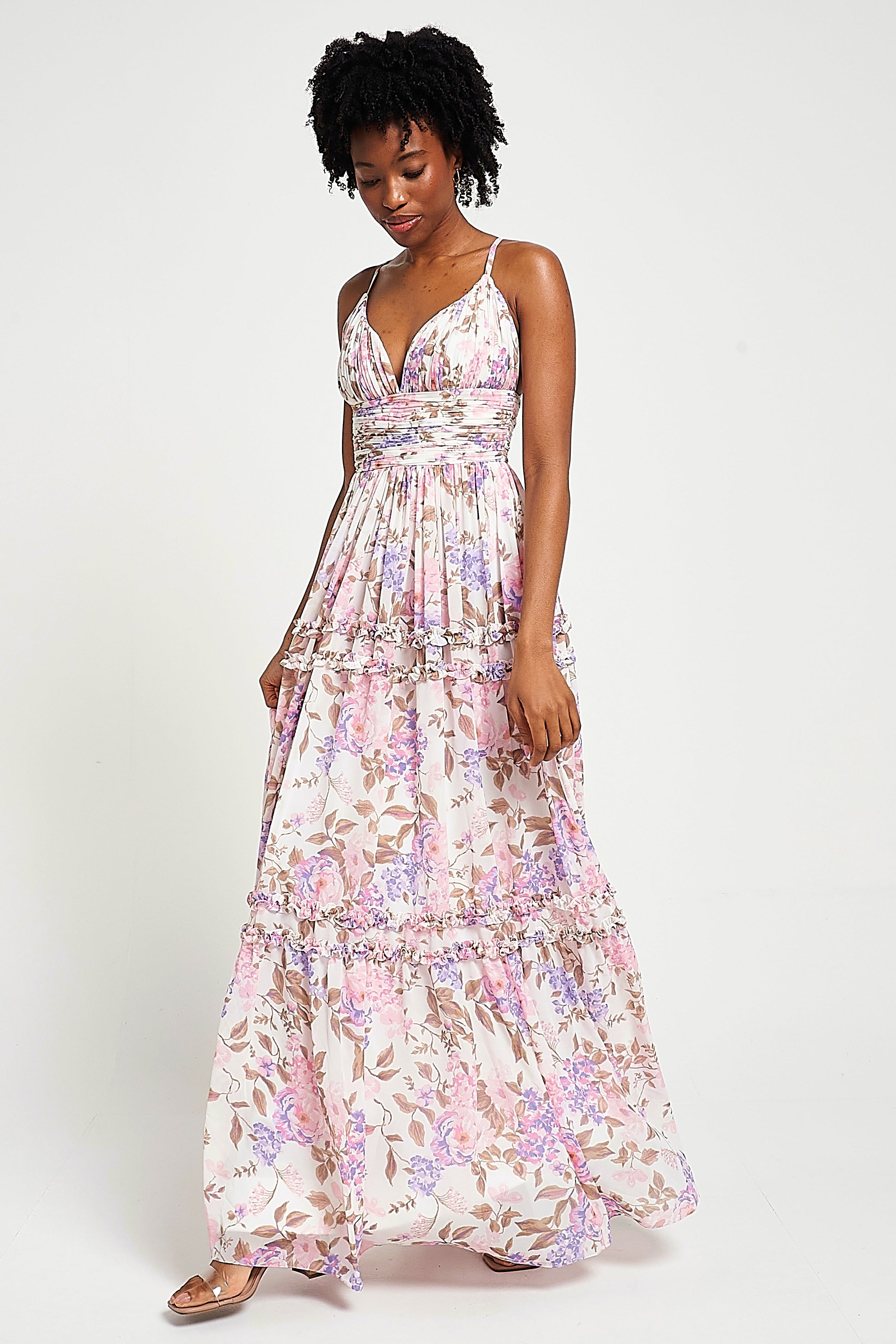 Deia off white floral print maxi dress by Frock and Frill with ruched bust, ruffle trims and cami straps designed for lightweight summer and occasion wear styling