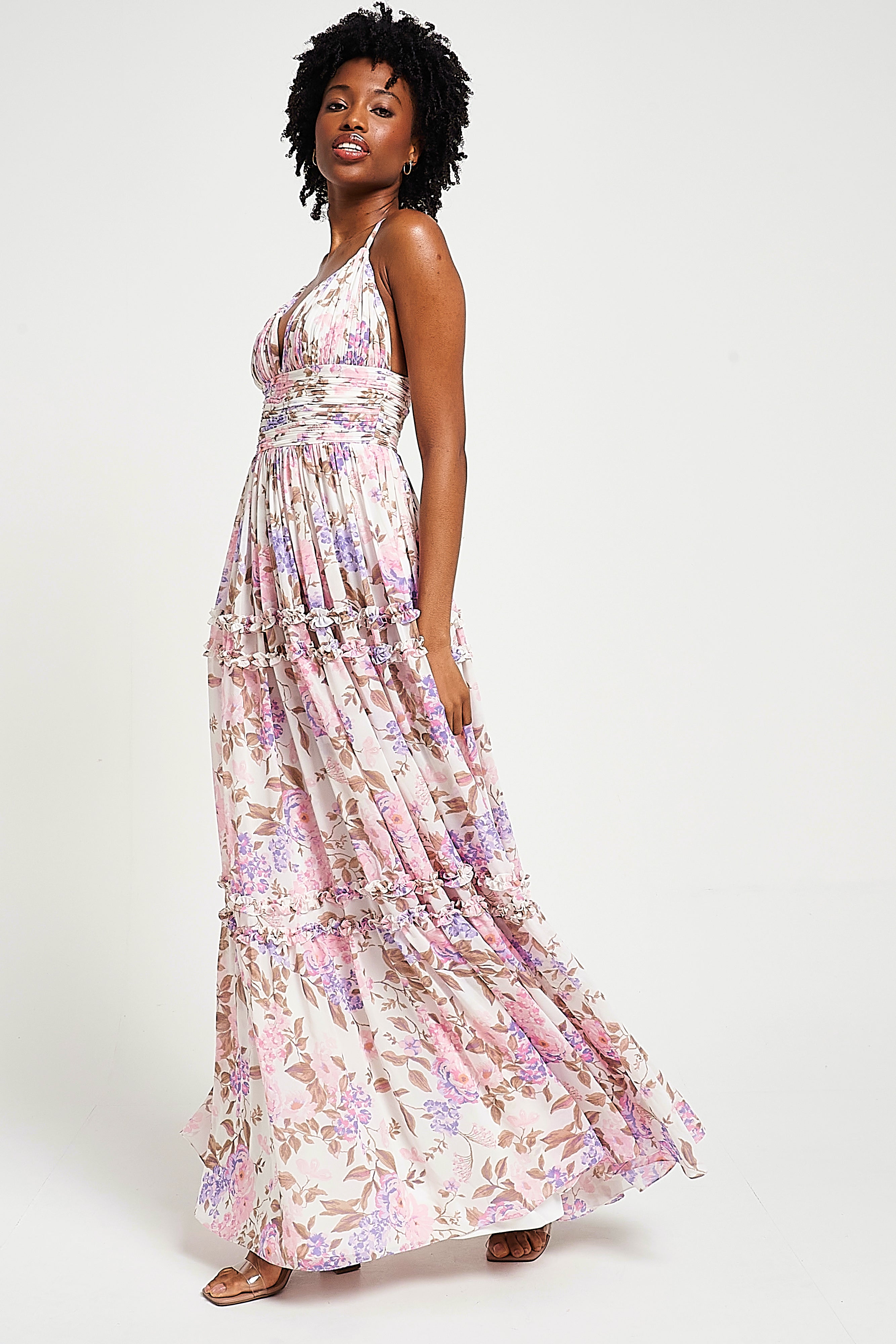 Deia off white floral print maxi dress by Frock and Frill with ruched bust, ruffle trims and cami straps designed for lightweight summer and occasion wear styling