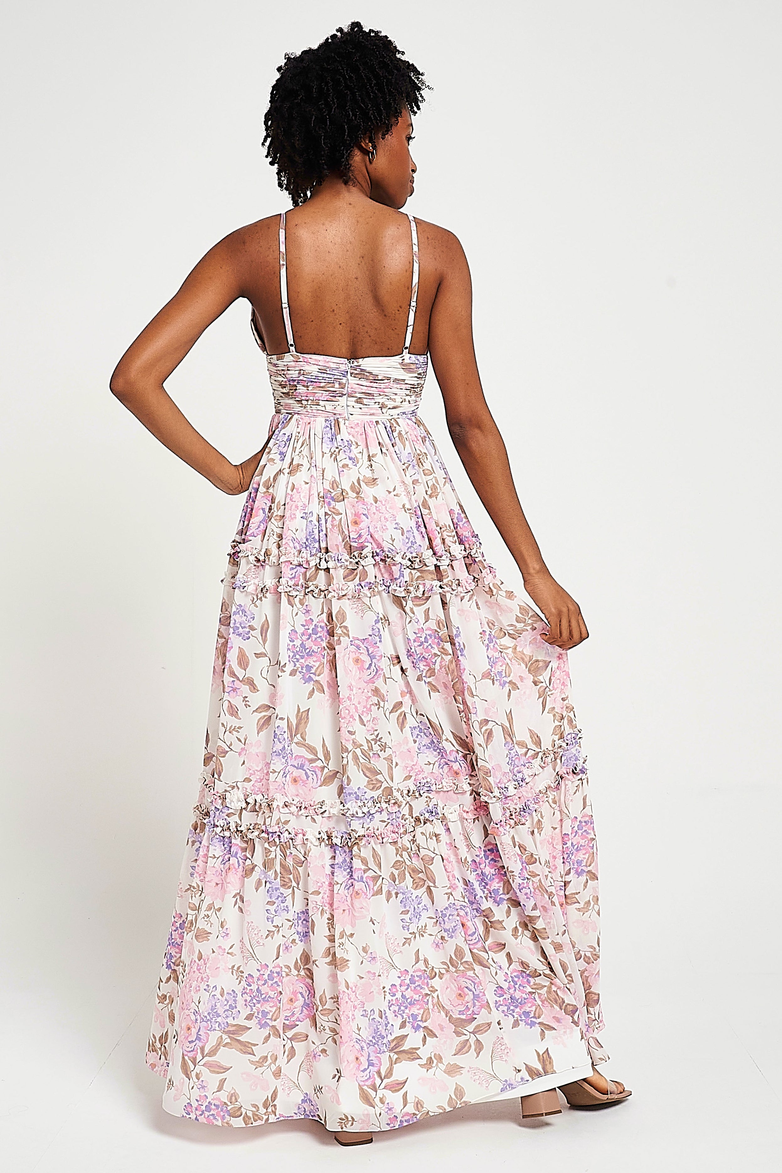 Deia off white floral print maxi dress by Frock and Frill with ruched bust, ruffle trims and cami straps designed for lightweight summer and occasion wear styling