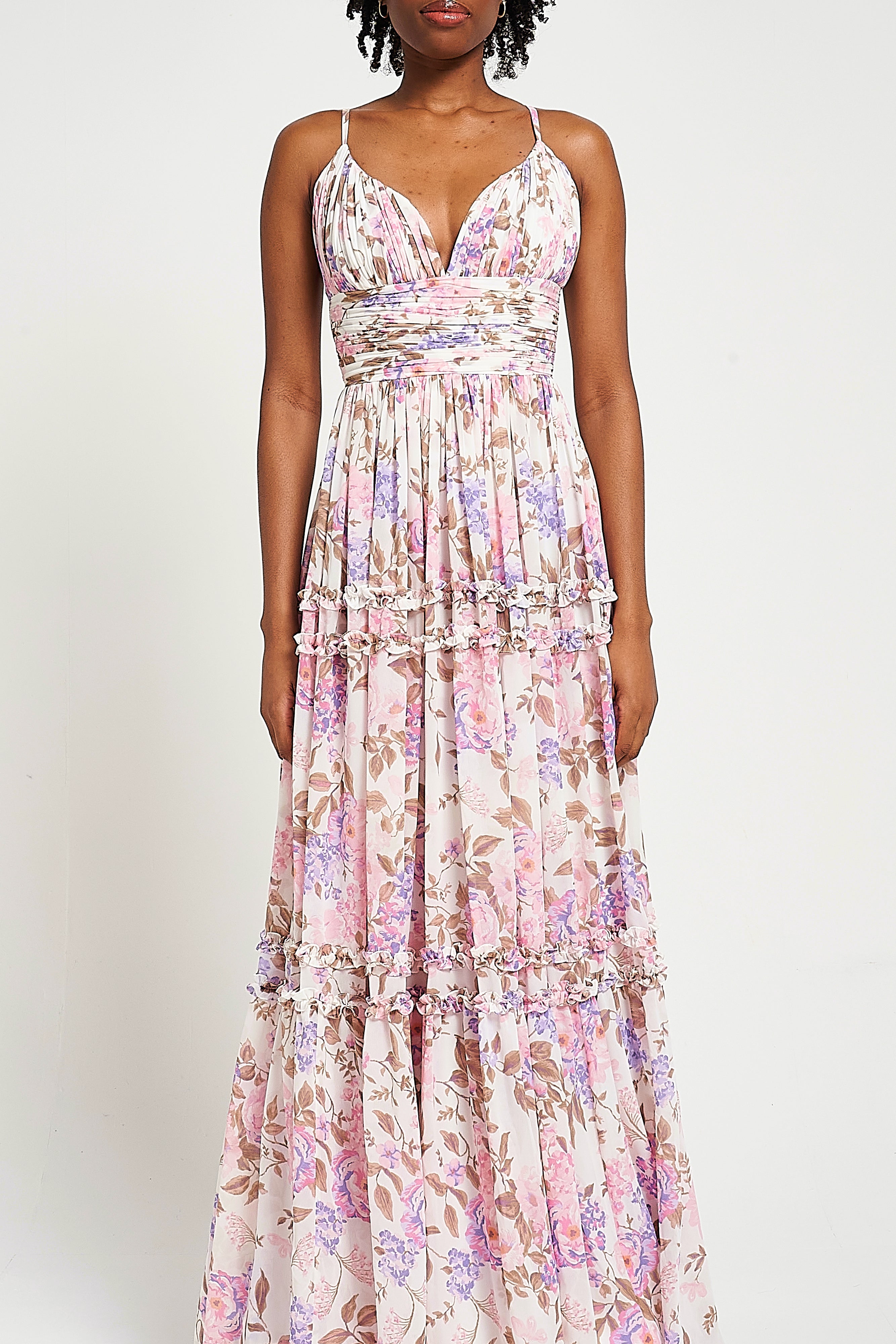 Deia off white floral print maxi dress by Frock and Frill with ruched bust, ruffle trims and cami straps designed for lightweight summer and occasion wear styling