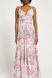 Deia off white floral print maxi dress by Frock and Frill with ruched bust, ruffle trims and cami straps designed for lightweight summer and occasion wear styling