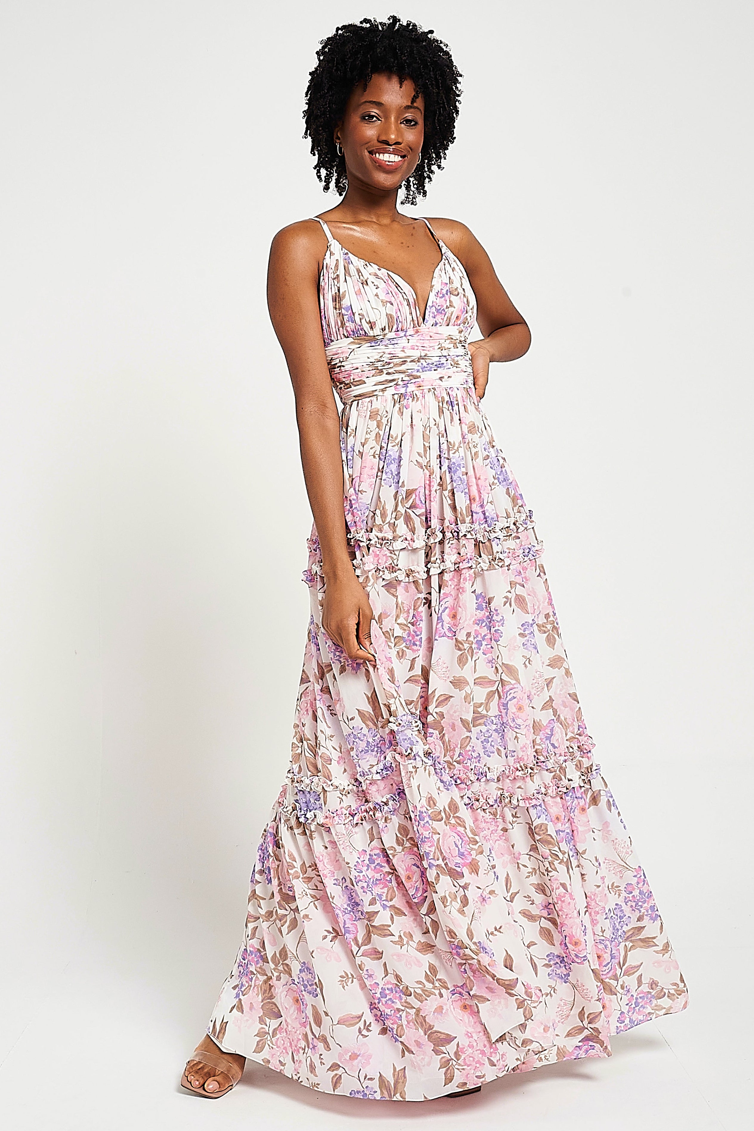 Deia off white floral print maxi dress by Frock and Frill with ruched bust, ruffle trims and cami straps designed for lightweight summer and occasion wear styling